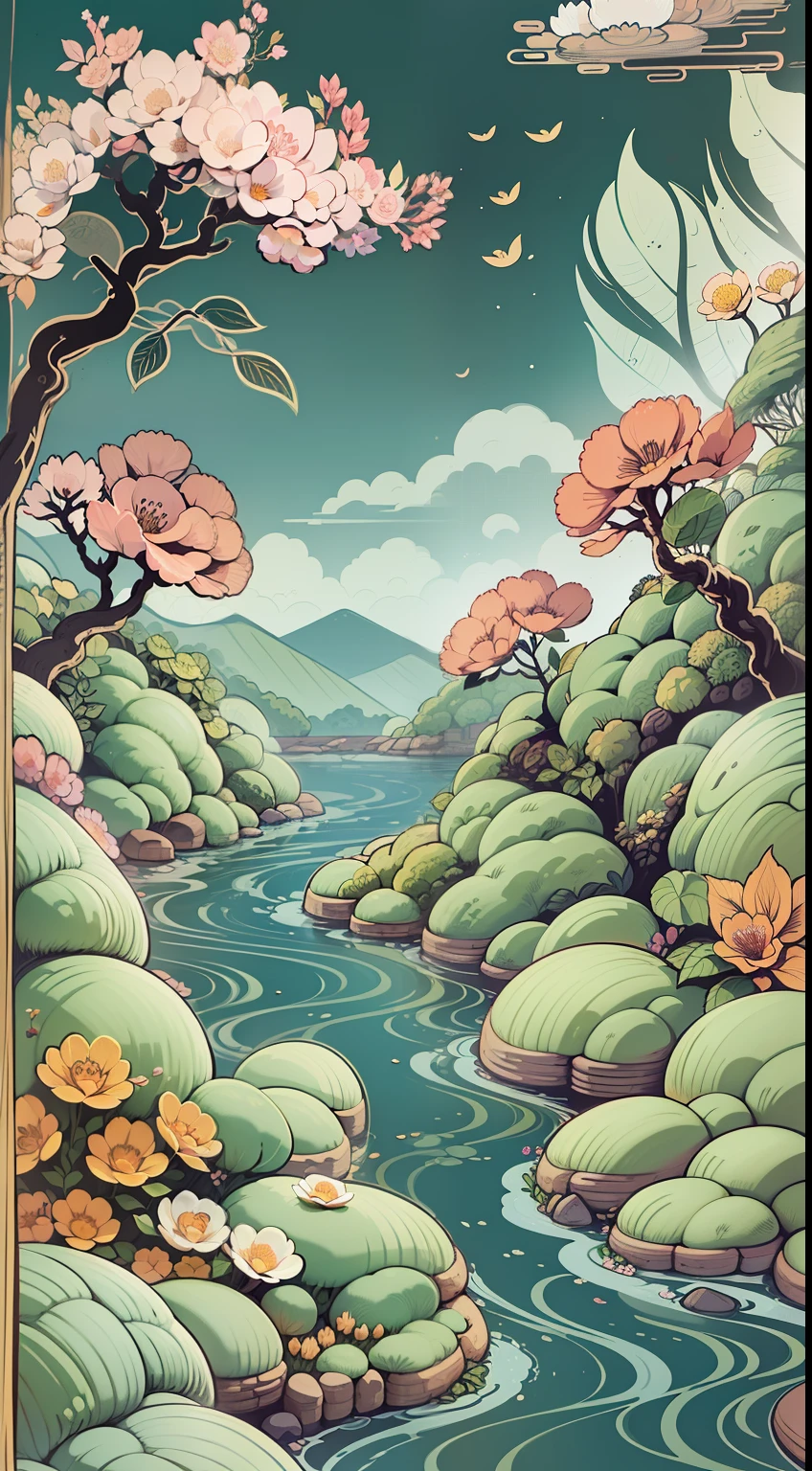 An illustration of a river made up of flowers and rocks, Guochao style，China-style，arte de fundo, Minimalist illustration, Line-based，Inspired by e-commerce detail pages, soft digital painting，Chinese painting style