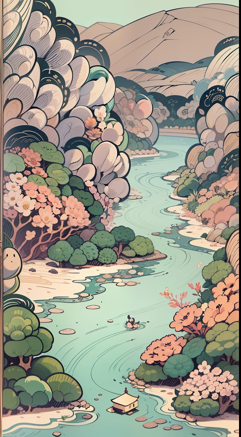 An illustration of a river made up of flowers and rocks, Guochao style，China-style，arte de fundo, Minimalist illustration, Line-based，Inspired by e-commerce detail pages, soft digital painting，Chinese painting style