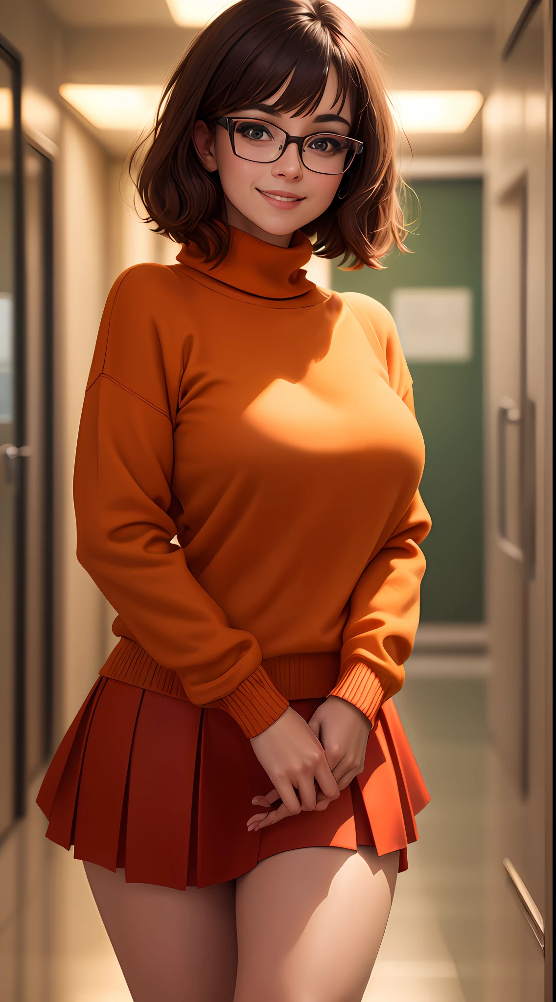 masterpiece, depth of field, photorealistic, absurdres, best quality, 8k, best quality, 1girl, female, young, portrait, perfect lighting,  cinematic lighting,  looking at viewer, velma dace dinkley, (perfect body), solo, blush, breasts, brown eyes, (dark brown hair:1.2), glasses, medium breasts, lips, looking at viewer, nose, orange shirt, (orange sweater:1.2), short hair, smile, sweater, (turtleneck:1.2), turtleneck sweater, red skirt, orange socks, (tight clothing), portrait, school, (day:1.2), school hallway, smile, depth of field, happy, magnificant glass