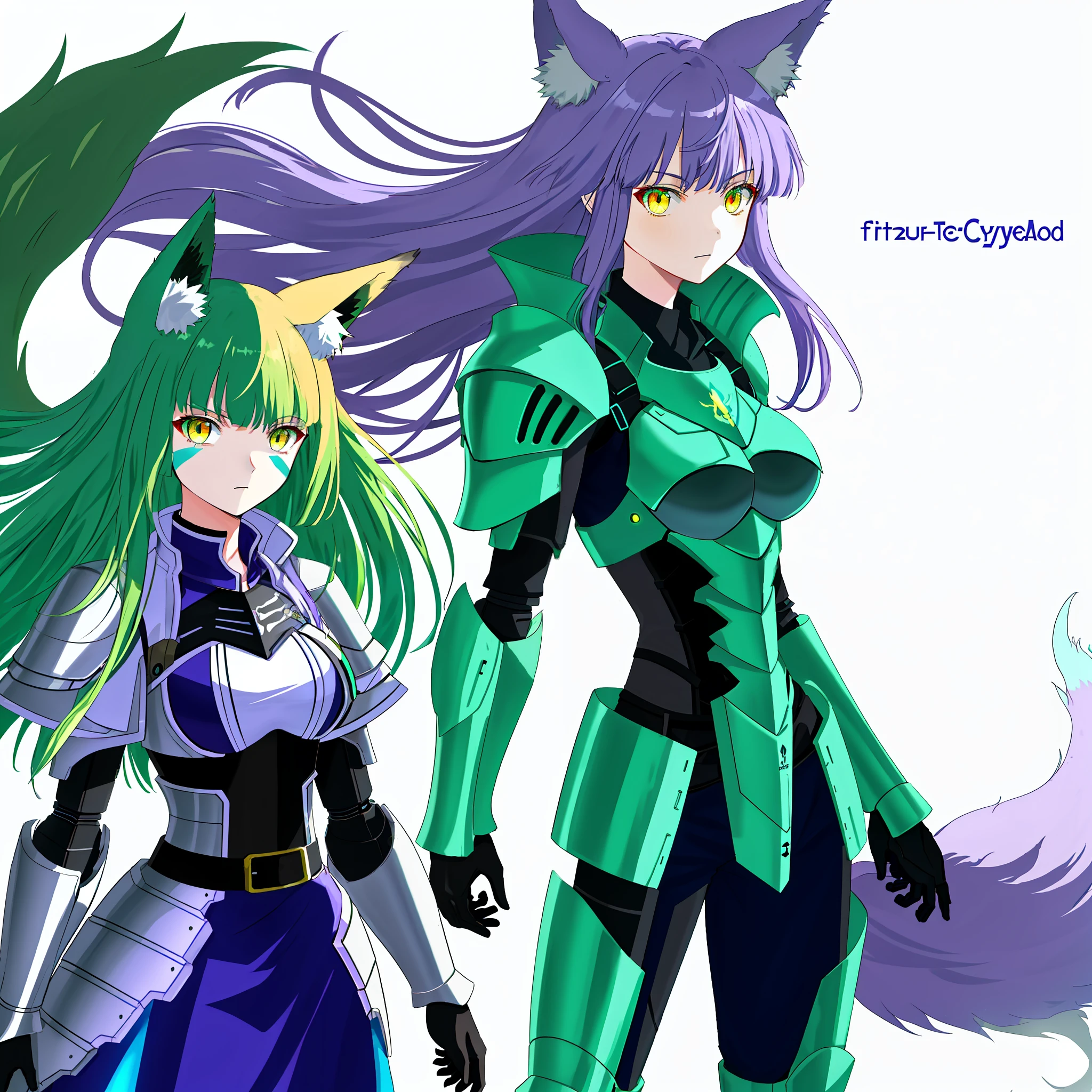 Purple hair big breasts，Green hair，fox ear，blue colored armor，red color eyes，Cyberwind，Machinary，Machine armour wind，Future wind，Tech style，future-tech，Cyan steam，yellow mist，Violet fluorescence