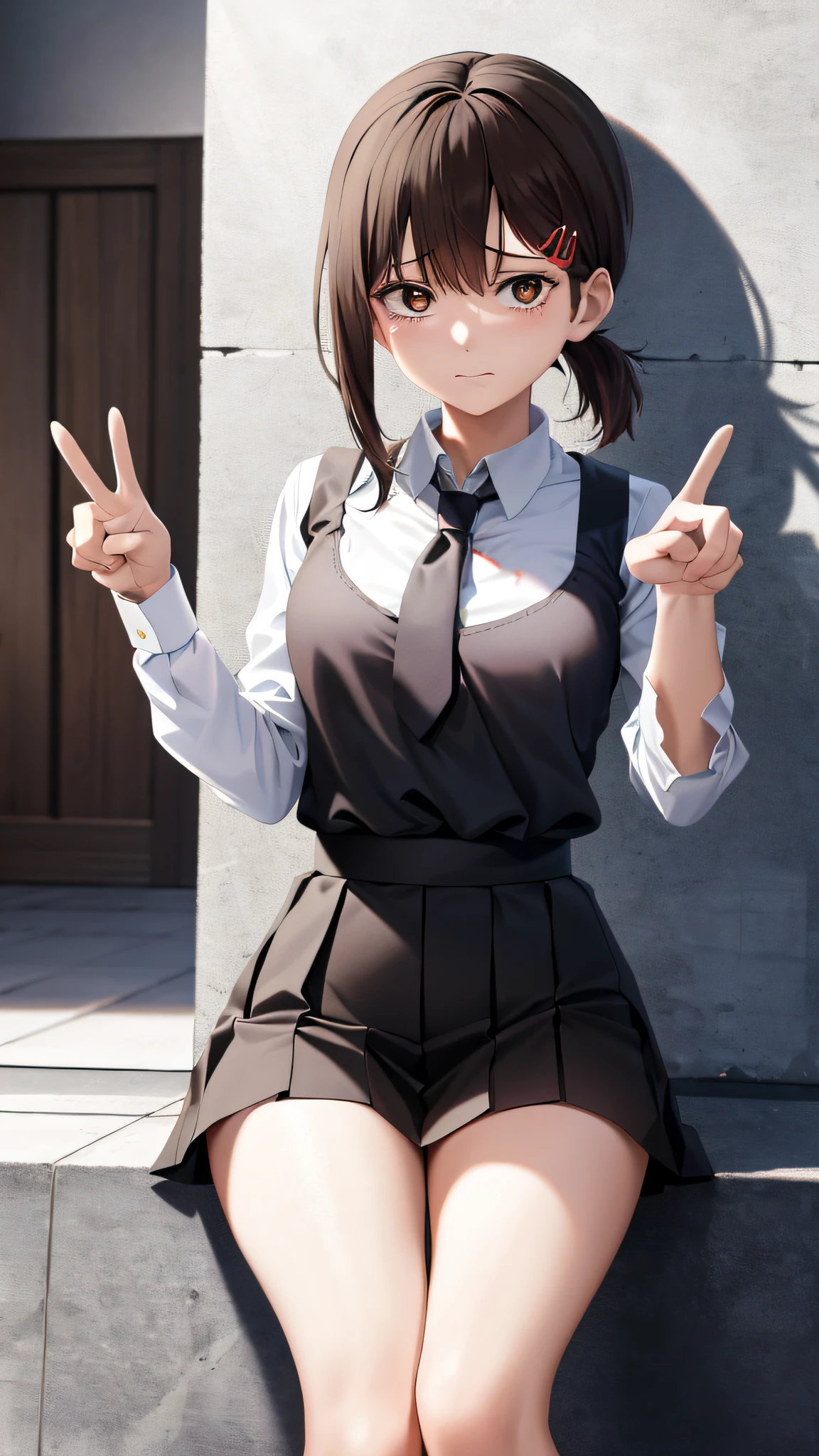 (sfw), (masterpiece:1.2), best quality, masterpiece, highres, original, extremely detailed wallpaper, (ultra-detailed), (best illustration), (best shadow), (Kobeni), small breasts, perky breasts, (white collared shirt), (blood stain:1.1), (horrified:1.2), (black necktie), (shirt stain), (stained), 1girl, looking at viewer, (scared:1.2), (tears:1.1), (brown eyes), (peace sign),