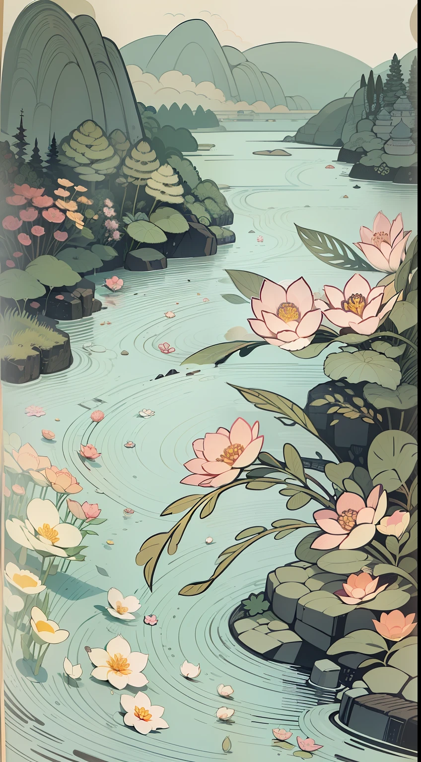 An illustration of a river made up of flowers and rocks, Guochao style，China-style，arte de fundo, Minimalist illustration, Line-based，Inspired by e-commerce detail pages, soft digital painting，Chinese painting style