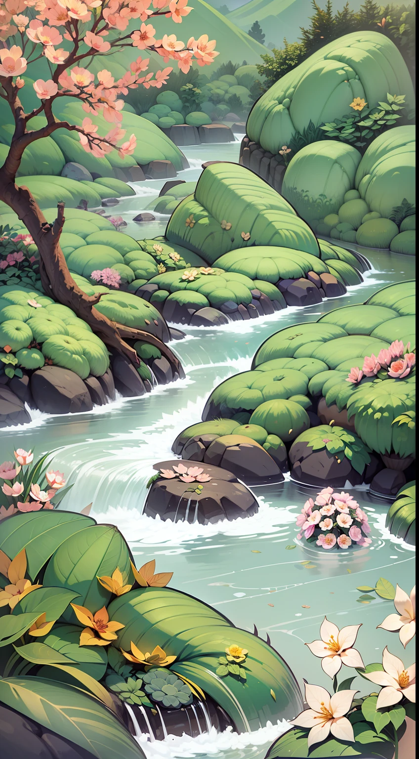 An illustration of a river made up of flowers and rocks, Guochao style，China-style，arte de fundo, Minimalist illustration, Line-based，Inspired by e-commerce detail pages, soft digital painting，Chinese painting style