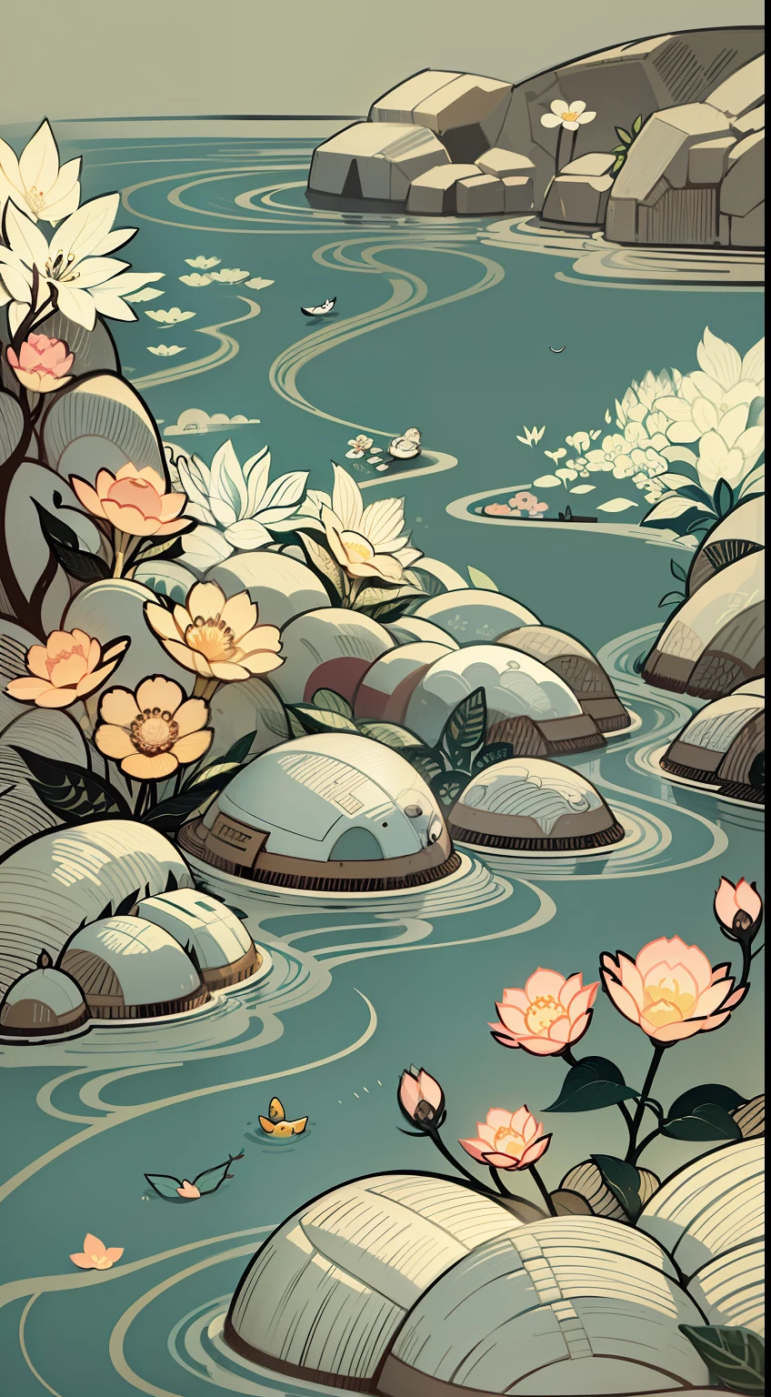 An illustration of a river made up of flowers and rocks, Guochao style，China-style，arte de fundo, Minimalist illustration, Line-based，Inspired by e-commerce detail pages, soft digital painting，Chinese painting style