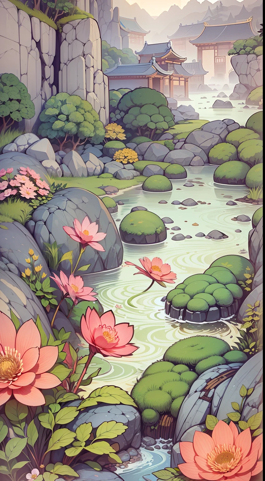 An illustration of a river made up of flowers and rocks, Guochao style，China-style，arte de fundo, Minimalist illustration, Line-based，Inspired by e-commerce detail pages, soft digital painting，Chinese painting style