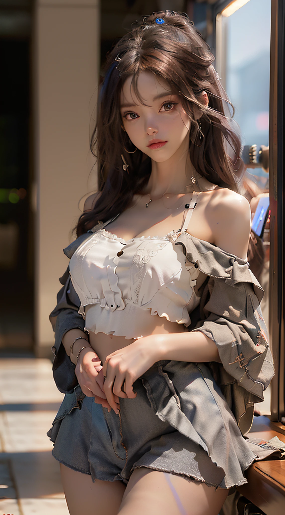 (Best Quality), ((Masterpiece), (Detail: 1.4), 3D, A Beautiful Cyberpunk Woman, HDR (High Dynamic Range), Ray Tracing, NVIDIA RTX, Super-Resolution, Unreal 5, Subsurface Scattering, PBR Textures, Post-Processing, Anisotropic Filtering, Depth of Field, Maximum Sharpness and Clarity, Multi-layer Textures, Albedo and Highlight Maps, Surface Shading, Precise simulation of light-material interactions, perfect proportions, Octane Render, two-color light, large aperture, low ISO, white balance, rule of thirds, 8K RAW, nudity, off-the-shoulder, camisole vest, miniskirt, transparent