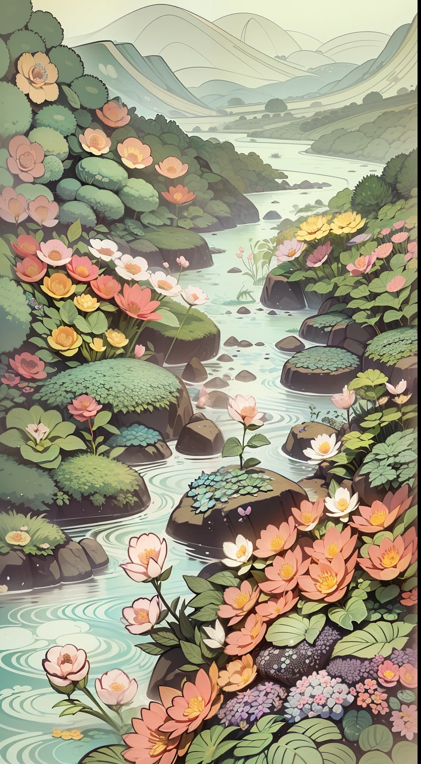 An illustration of a river made up of flowers and rocks, Guochao style，China-style，arte de fundo, Minimalist illustration, Line-based，Inspired by e-commerce detail pages, soft digital painting，Chinese painting style