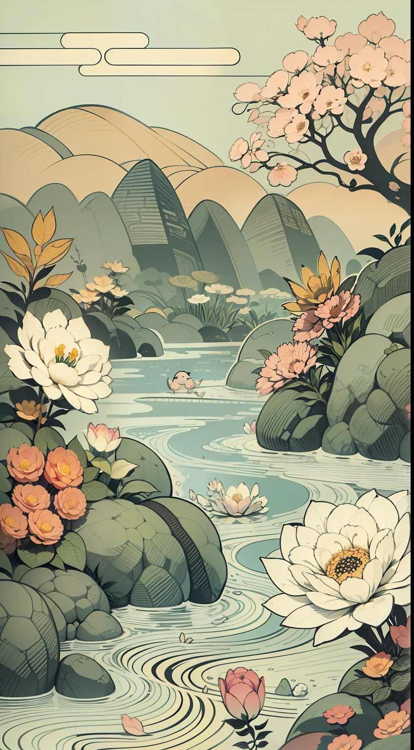 An illustration of a river made up of flowers and rocks, Guochao style，China-style，arte de fundo, Minimalist illustration, Line-based，Inspired by e-commerce detail pages, soft digital painting，Chinese painting style