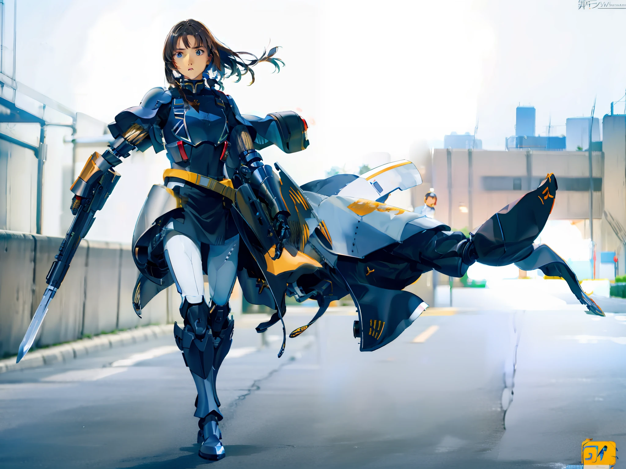 Realistic body combat uniform, big chest, deep groove, holding P90 submachine gun anime characters, Perfect girl in mecha armor, cute female child,There are rooms and deep ditches,Best anime 4k , Mecha suit, The beautiful girl expression is awesome,full metal armor,Mobile suits around you, Two-handed sword Grimm cannon , Ultra HD Soviet metal badge pattern