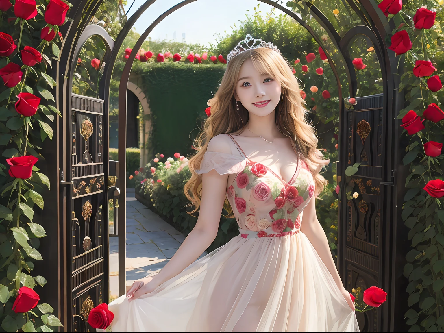 best quality, masterpiece, ultra high res, (photorealistic:1.4), RAW photo,cinematic lighting,(a japanese girl:1.5),solo,20 years old,big breasts,(detailed beautiful face:1.5),(real skin:1.5),(slender,thin legs:1.3),(big eyes:1.3),(smiling:1.3),(blond wavy hair:1.5),(Princess,gorgeous dress,tiara:1.5),(in garden,arch roses:1.8),(millions of rose flowers:1.5),(gate decorated with roses:1.8),(circle of roses:1.5),