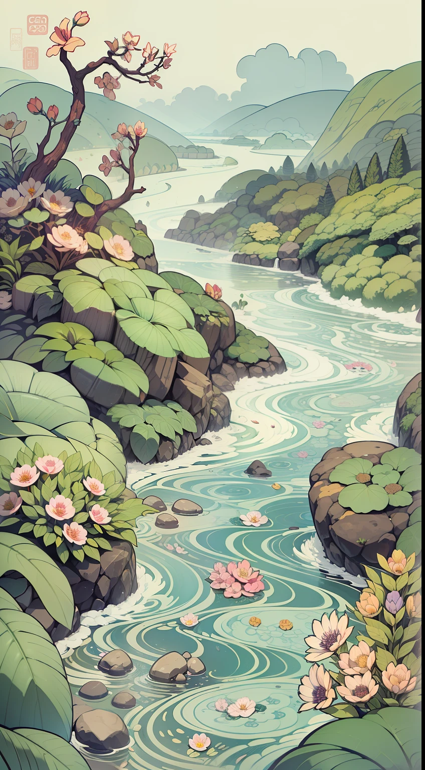 An illustration of a river made up of flowers and rocks, Guochao style，China-style，arte de fundo, Minimalist illustration, Line-based，Inspired by e-commerce detail pages, soft digital painting，Chinese painting style