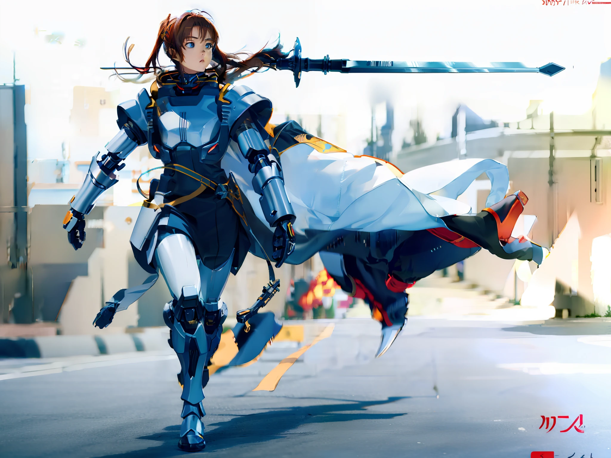 Realistic body combat uniform, big chest, deep groove, holding P90 submachine gun anime characters, Perfect girl in mecha armor, cute female child，There are rooms and deep ditches,Best anime 4k ,  Mecha suit, The beautiful girl expression is awesome，full metal armor，Mobile suits around you, Two-handed sword Grimm cannon , Ultra HD Soviet metal badge pattern