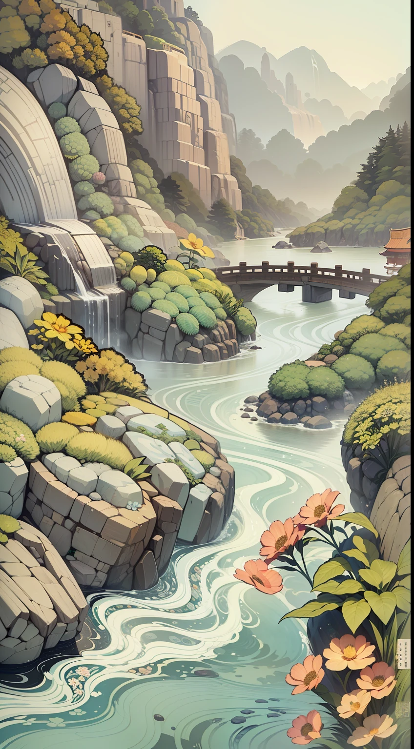 An illustration of a river made up of flowers and rocks, Guochao style，China-style，arte de fundo, Minimalist illustration, Line-based，Inspired by e-commerce detail pages, soft digital painting，Chinese painting style