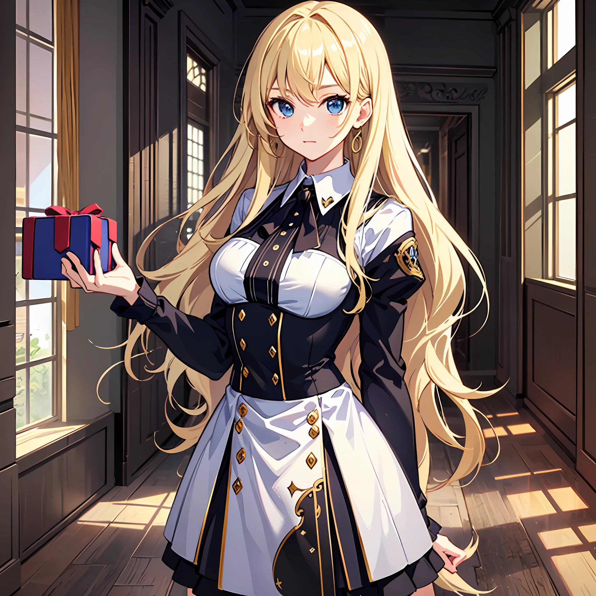 1girll，(Long fluffy blonde hair:1.6)，Business suit，Skirt that wraps hips，black long socks，Mature and beautiful，Rich and noble families，Stand in the corridor of the villa，Holding a beautiful gift box in both hands，looking at viewert，Ultra-detailed CG，Exquisite facial features，Clear facial expressions，Detailed digital anime art，Digital anime art，High quality anime art style