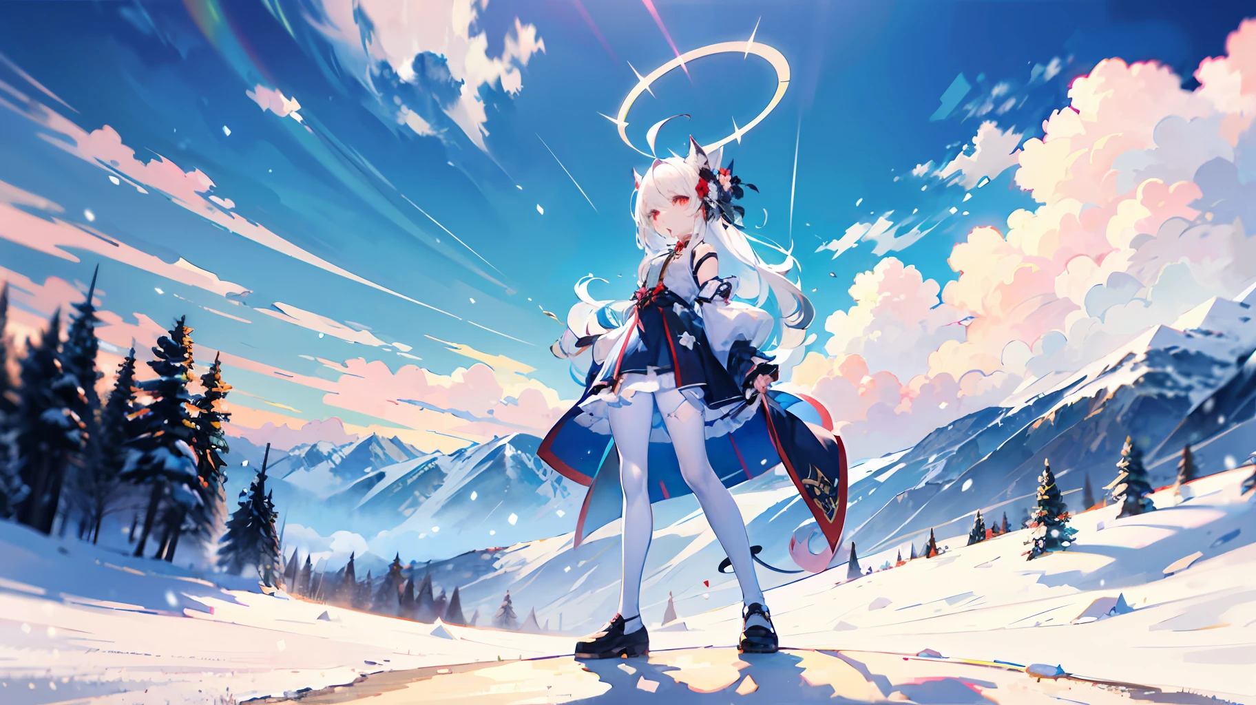 Han clothing,profile,full body,Perspective,Movie Angle,very wide angle shot,Overall view,,Lens flare,Snow,High hills,blue sky with clouds,snowfield,Mountain,Nature,alps,Petite,Fox girl,Slender waist,teens girl,Fox_hor ears,Long hair,ahoge,White_Hair,Red_Eyes,White_Hair,Red_Eyes,looking at the distance,kemomimi,standing,arms back behind,Slim legs,Beautiful_face,Cold attitude,Beautiful detailed eyes,Sweet_Lolita,Han clothing,White pantyhose,upper legs,KON,Suspenders,ribbon,Halo,hair flower,hair stick,Tail,Tiny_chest,Tiny_chest,Beautiful detailed sky,Ray tracing,Masterpiece,Clear picture,Sunlight,leg loops,ahoge,
