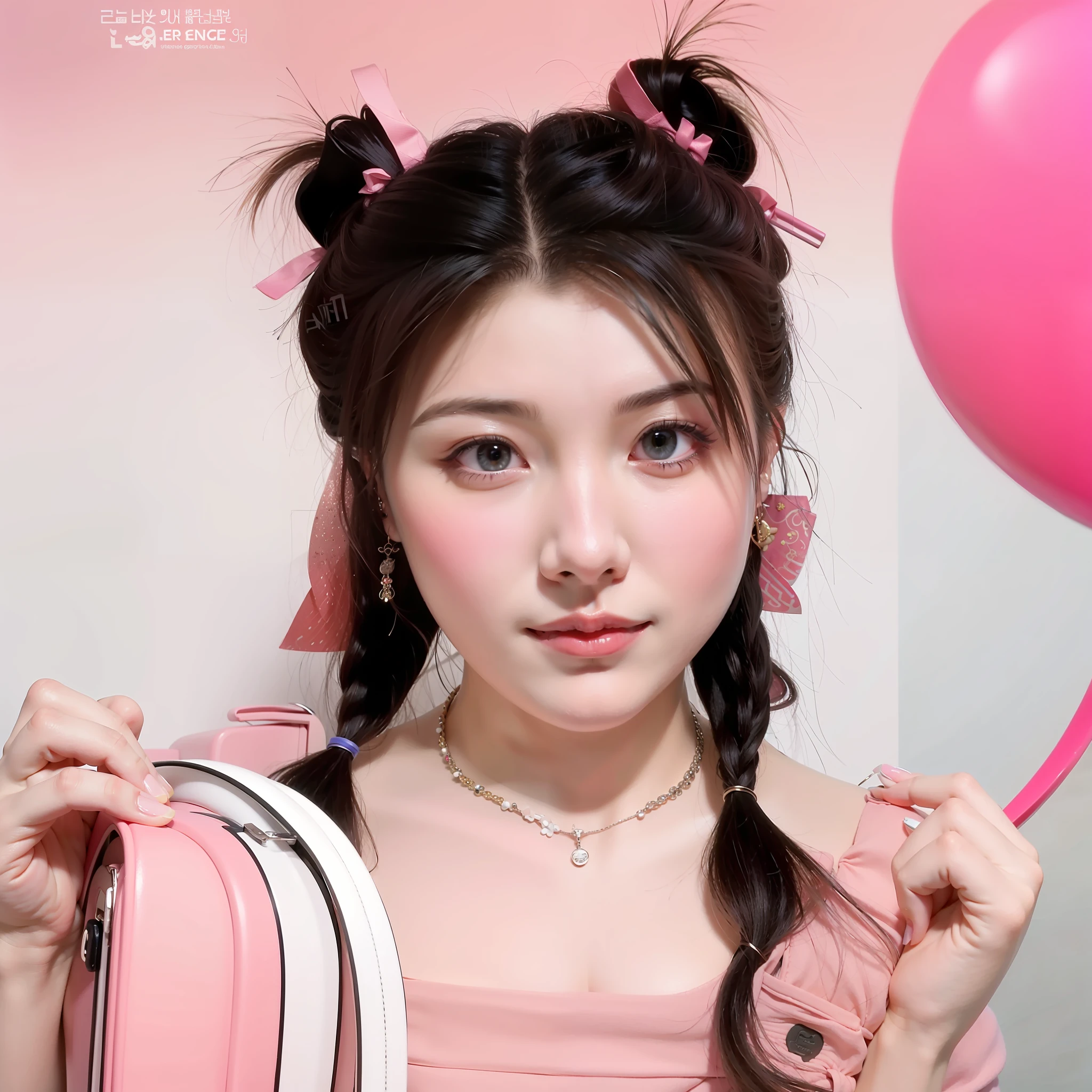 Arapei girl with pink suitcase and pink dress, belle delphine, braid hairstyle, xintong chen, yanjun cheng, chengyou liu, ulzzangs, xision wu, sakimichan, wan adorable korean face, kawaii hair style, popular korean makeup, wenfei ye, Popular Korean makeup, two pigtails hairstyle