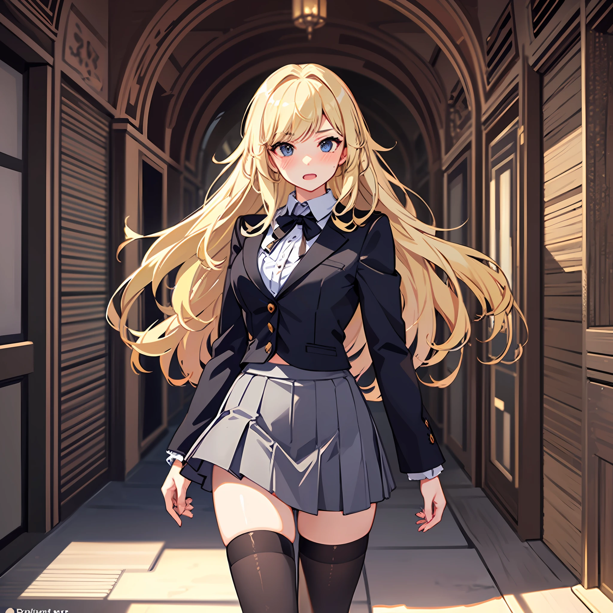 1girll，(Long fluffy blonde hair:1.6)，Business suit，Skirt that wraps hips，black long socks，Mature and beautiful，Rich and noble families，Stand in the corridor of the villa，Holding a beautiful gift box，crazy, Screaming, flustered, full blush, grimace, ripped apart, panicking，looking at viewert，Ultra-detailed CG，Exquisite facial features，Clear facial expressions，Detailed digital anime art，Digital anime art，High quality anime art style