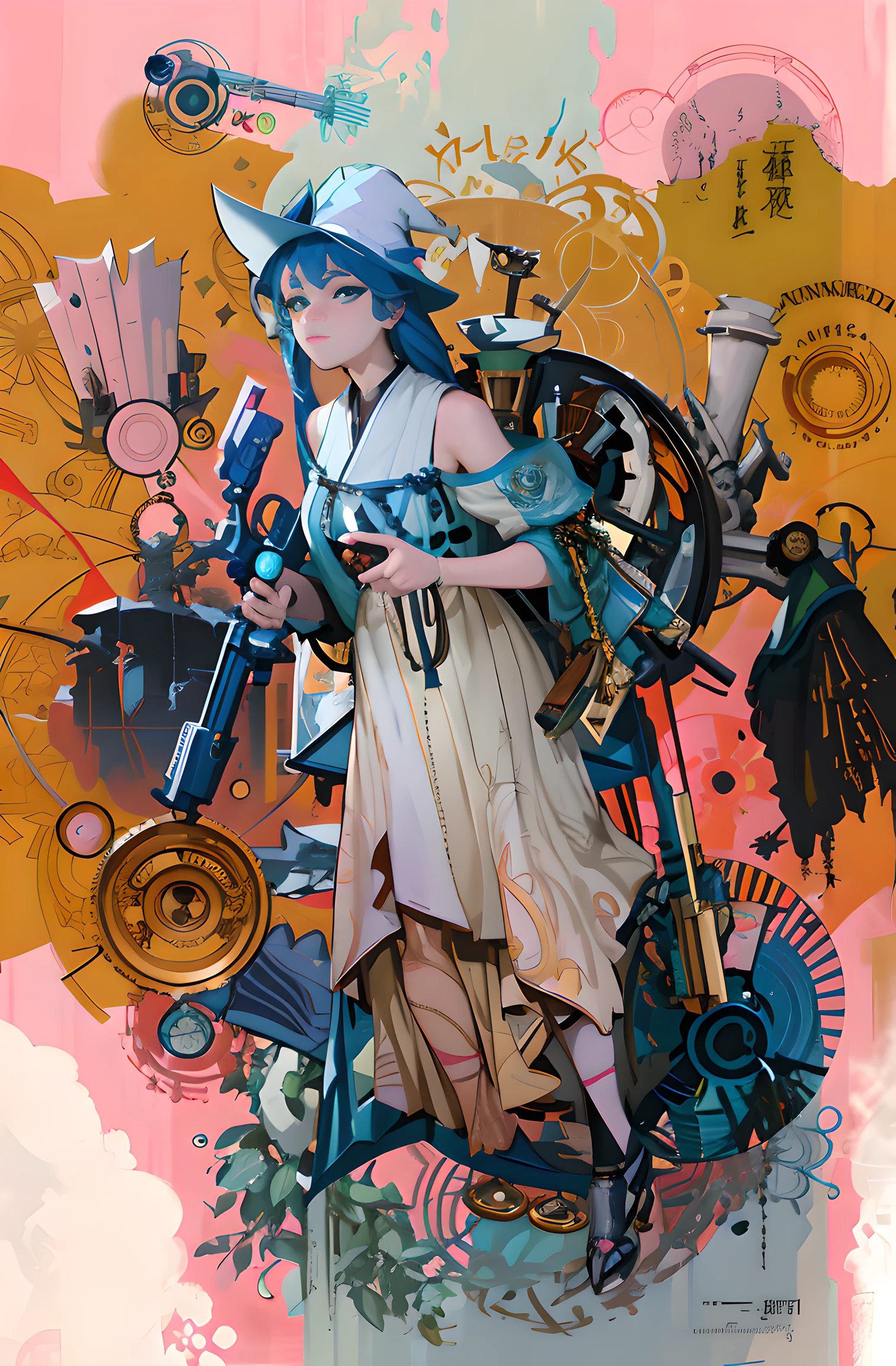 Anime - style illustration of a woman wearing a hat and a gun, Colorful sci-fi steampunk, beeple and alphonse mucha, jc leyendecker and sachin teng, clockwork woman, Art Nouveau! Cyberpunk! Style, mechanized witch girl, portrait of a mechanical girl, Mechanized Valkyrie girl, Kushatt Krenz Key Art Women，high detail, Tonalism, Abstract expressionism, chiaroscuro, drop shadow, silhouette, 16k, super detail, best quality