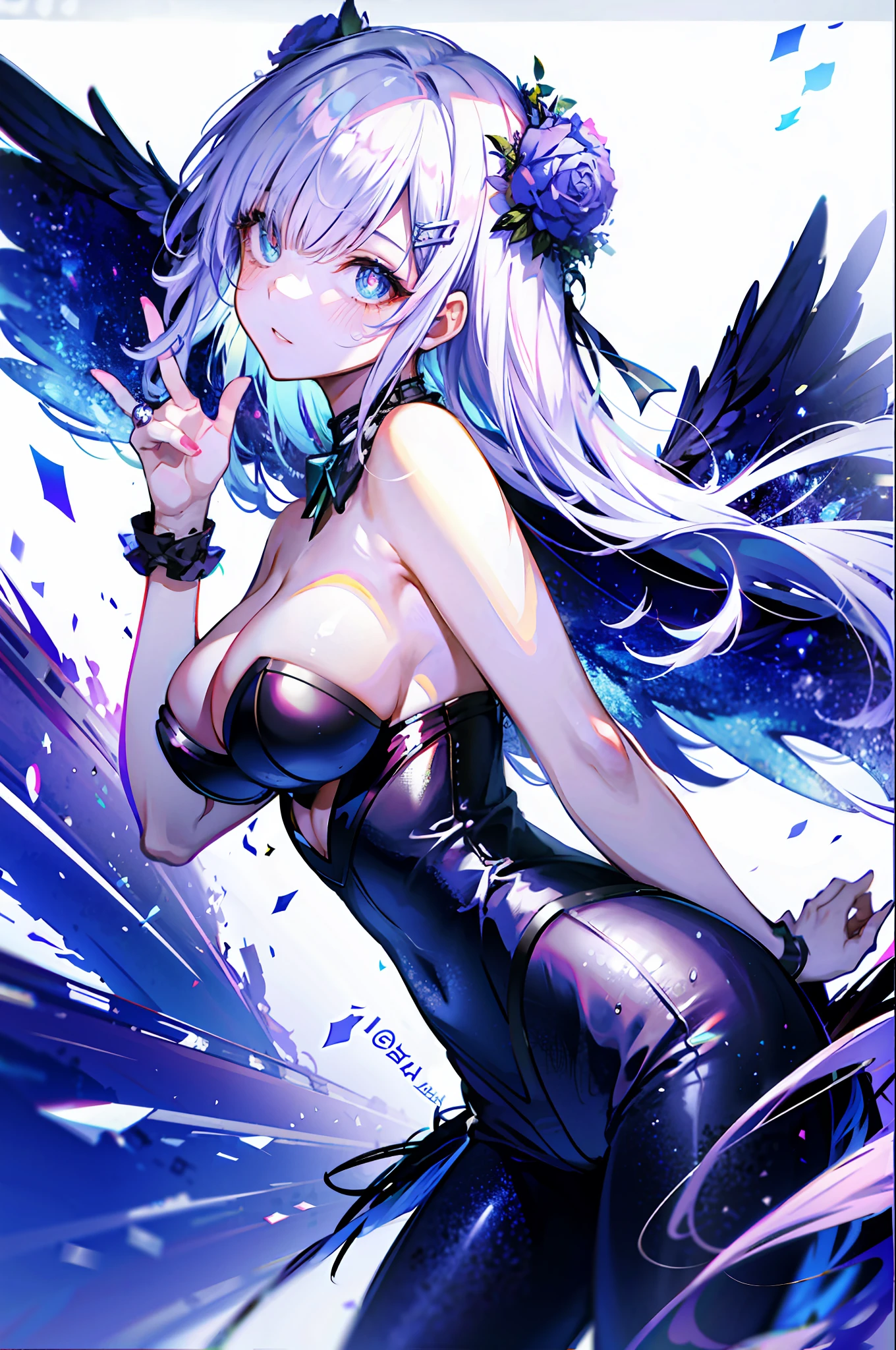 （best qualtiy，detailed back ground，A high resolution，8k wallpaper，full bloom，messy  hair，shinny hair，Exposure to light，Bright pupils），
1girll，long whitr hair，silber hair，large_breasts，action_pose，
Shen He（Genshin character），hair_ornament，Hair is more than one eye，dutch_angle，The upper part of the body，