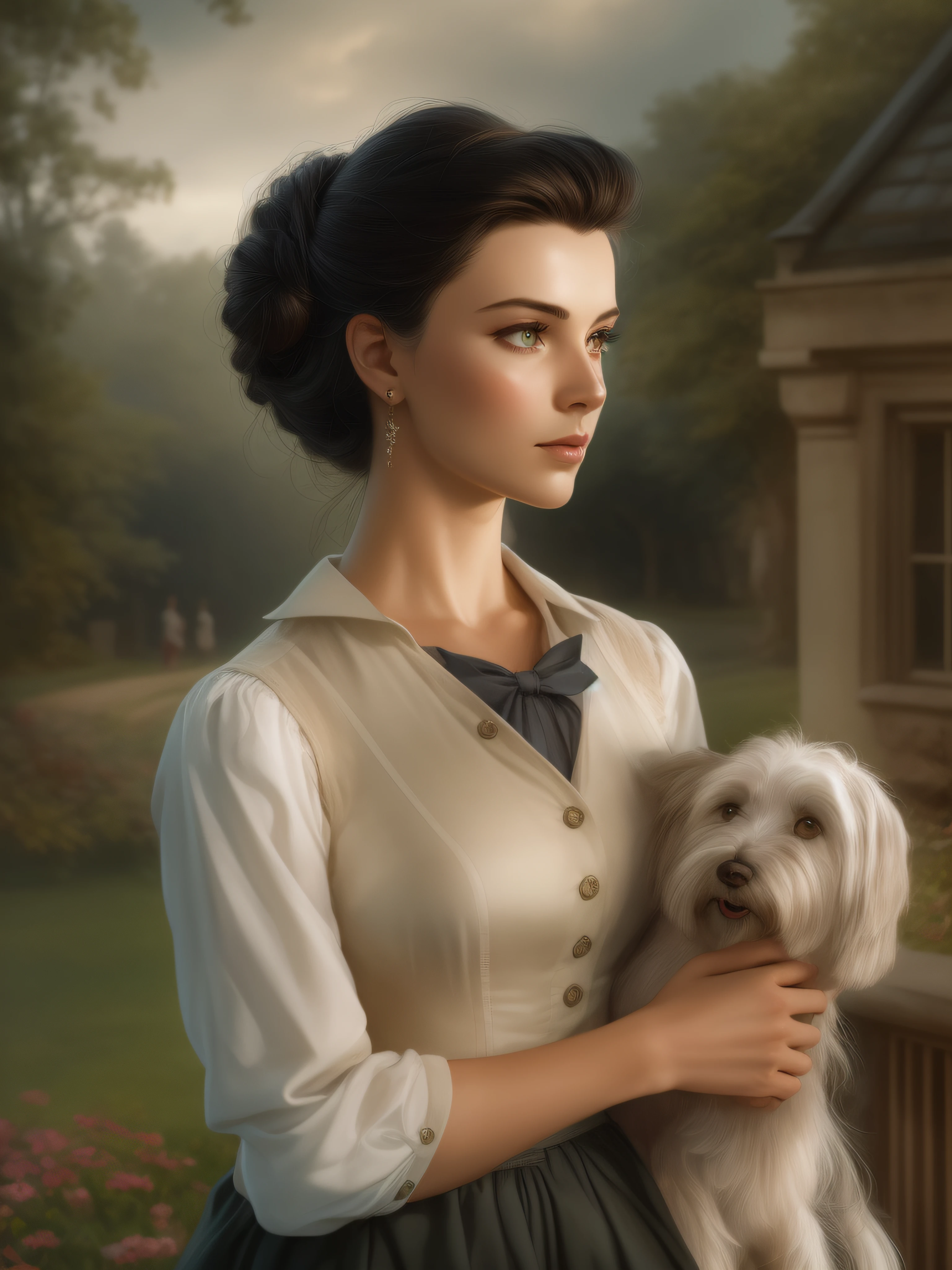 Masterpiece, best quality, RAW, analog style, A stunning portrait of a couple deeply in love in a grand English countryside mansion in the year 1850. The man is Richard, a tall, strong, and tanned handsome with short brown wavy messy hair, brown eyes, and is around 30 years old. The woman is Julianne, a delicate girl with black straight hair styled in a bun, dark green eyes, and full lips, around 19 years old, scarlett ohara perfectly detailed facial traits. Create a masterpiece realistic illustration with intricate details capturing their reciprocal love. Use clothes appropriate for the time period, and ensure the artwork is highly detailed. Please pay close attention to the details, such as the highlights and shadows on face and hair, to create a lifelike and realistic image. Experiment with different lighting techniques to enhance the mood and atmosphere of the portrait. The final product should be a masterpiece that captures the essence and beauty of the couple, ((highly detailed skin, skin details)), sharp focus, volumetric fog, 8k UHD, DSLR, high quality, film grain, Fujifilm XT3.