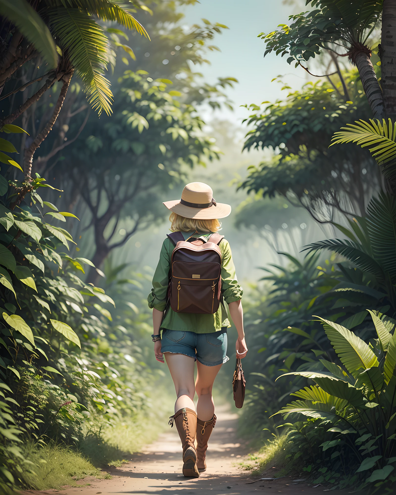 A woman walking deep in the jungle.
The woman has blonde short messy hair and wears green clothes. adventurer look, green collard shirts and green shorts, boot, 
The woman has a map in her hand and she is staring at it.
Jungle trees grow behind her woman.
The sun is shining in the sky.