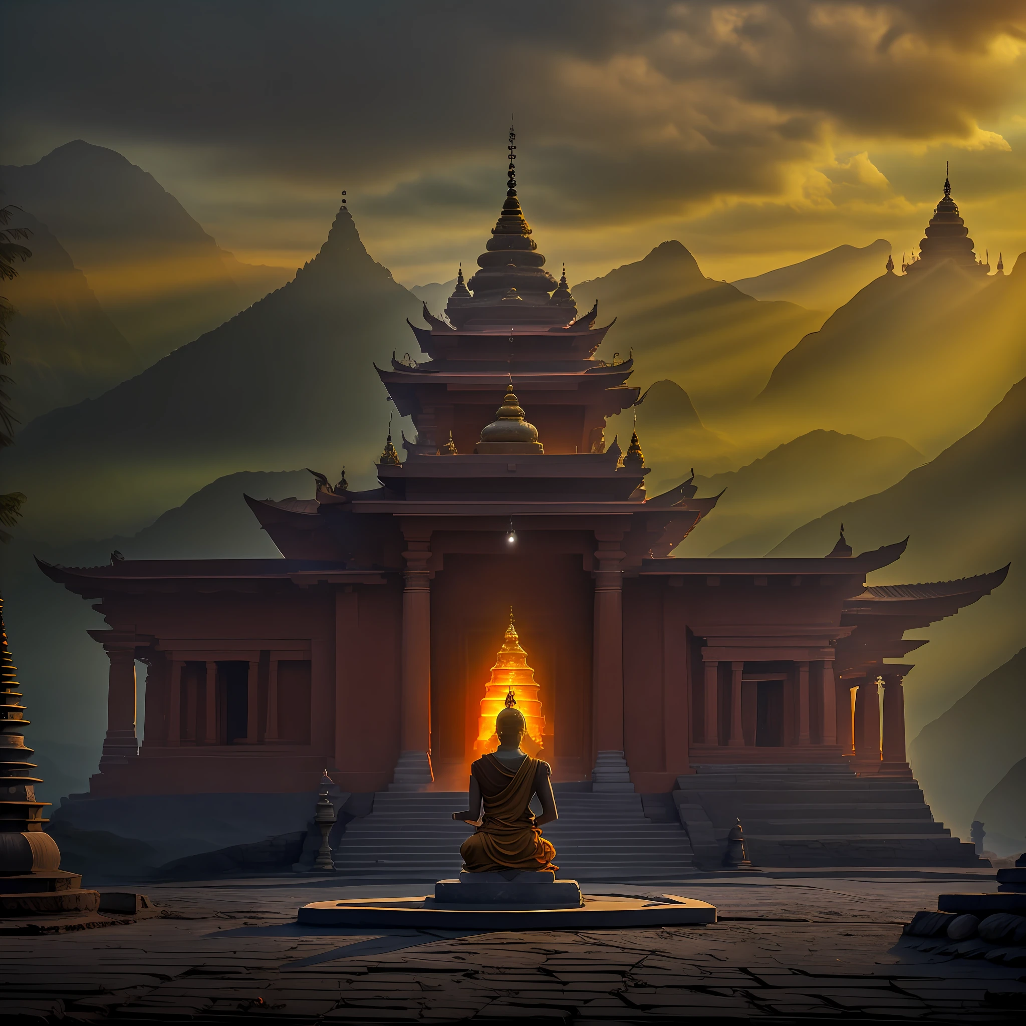 Film frame of Majestic temple in an indian mountain village with Indian monk in meditatiing in front of temple), temple has influences of buddhism and hinduism,dramatic
lighting, moody, misty