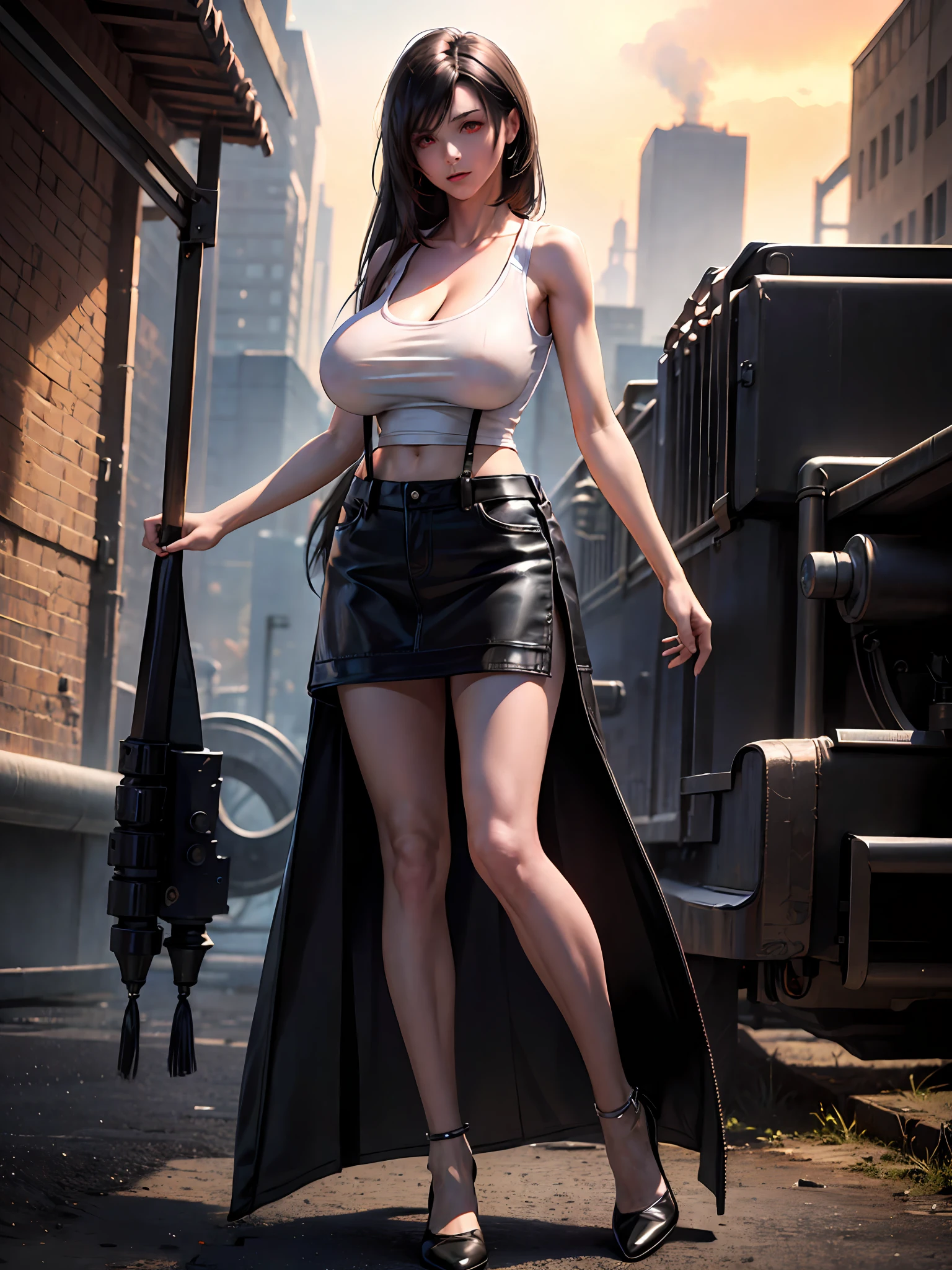 official art, unity 8k wallpaper, ultra detailed, beautiful and aesthetic, masterpiece, best quality, extremely detailed, dynamic angle, cowboy shot, elegant, vivid colours, atmospheric. Tifa lockhart, long black hair, red eyes, hair bangs, (white tank top:1.5), white top, (black miniskirt:1.4), suspenders, stockings, (huge breasts:1.5), cleavage, (red eyes:1.5)one girl, 1 girl, thin waist, wide hips, exposed abdomen, toned abs, toned arms, close up, see through clothes, semi transparant clothes, outside an industrial factory at night, a green atmospheric glow