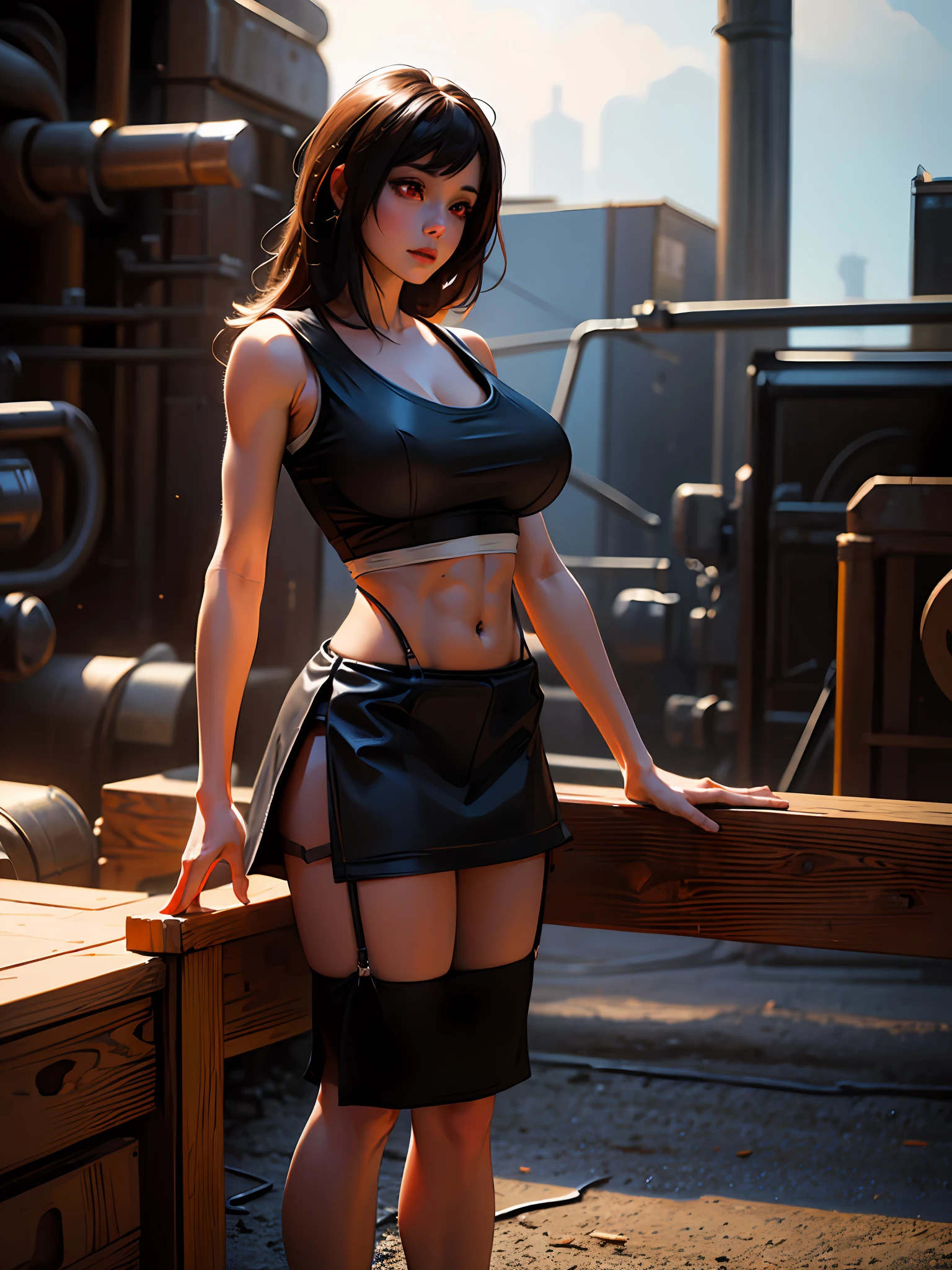 official art, unity 8k wallpaper, ultra detailed, beautiful and aesthetic, masterpiece, best quality, extremely detailed, dynamic angle, cowboy shot, elegant, vivid colours, atmospheric. Tifa lockhart, long black hair, red eyes, hair bangs, (white tank top:1.5), white top, (black miniskirt:1.4), suspenders, stockings, (huge breasts:1.5), cleavage, (red eyes:1.5)one girl, 1 girl, thin waist, wide hips, exposed abdomen, toned abs, toned arms, close up, see through clothes, semi transparant clothes, outside an industrial factory at night, a green atmospheric glow