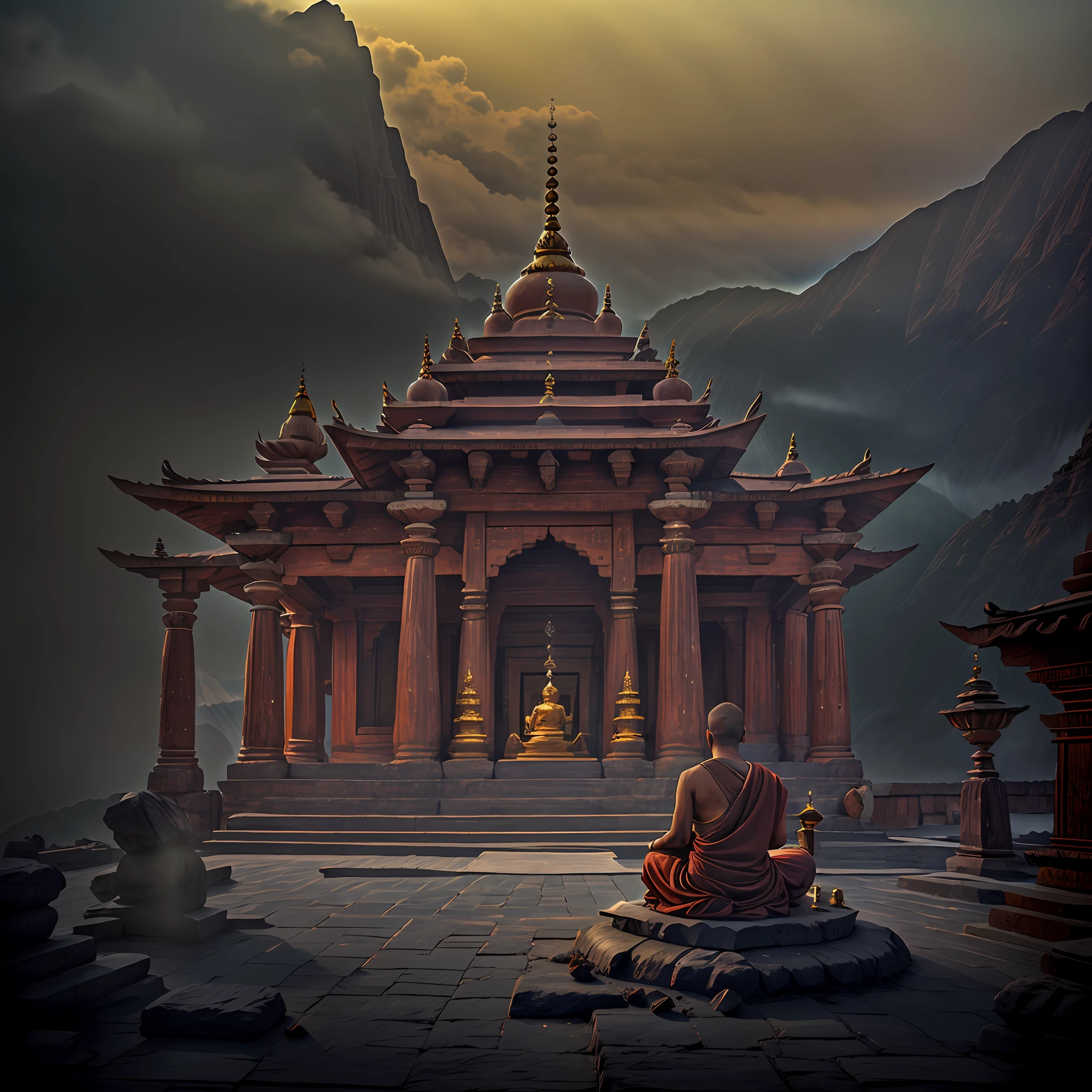 Film frame of Majestic temple in an indian mountain village with Indian monk in meditatiing in front of temple),  temple has influences of buddhism and  hinduism,dramatic
lighting, moody, misty