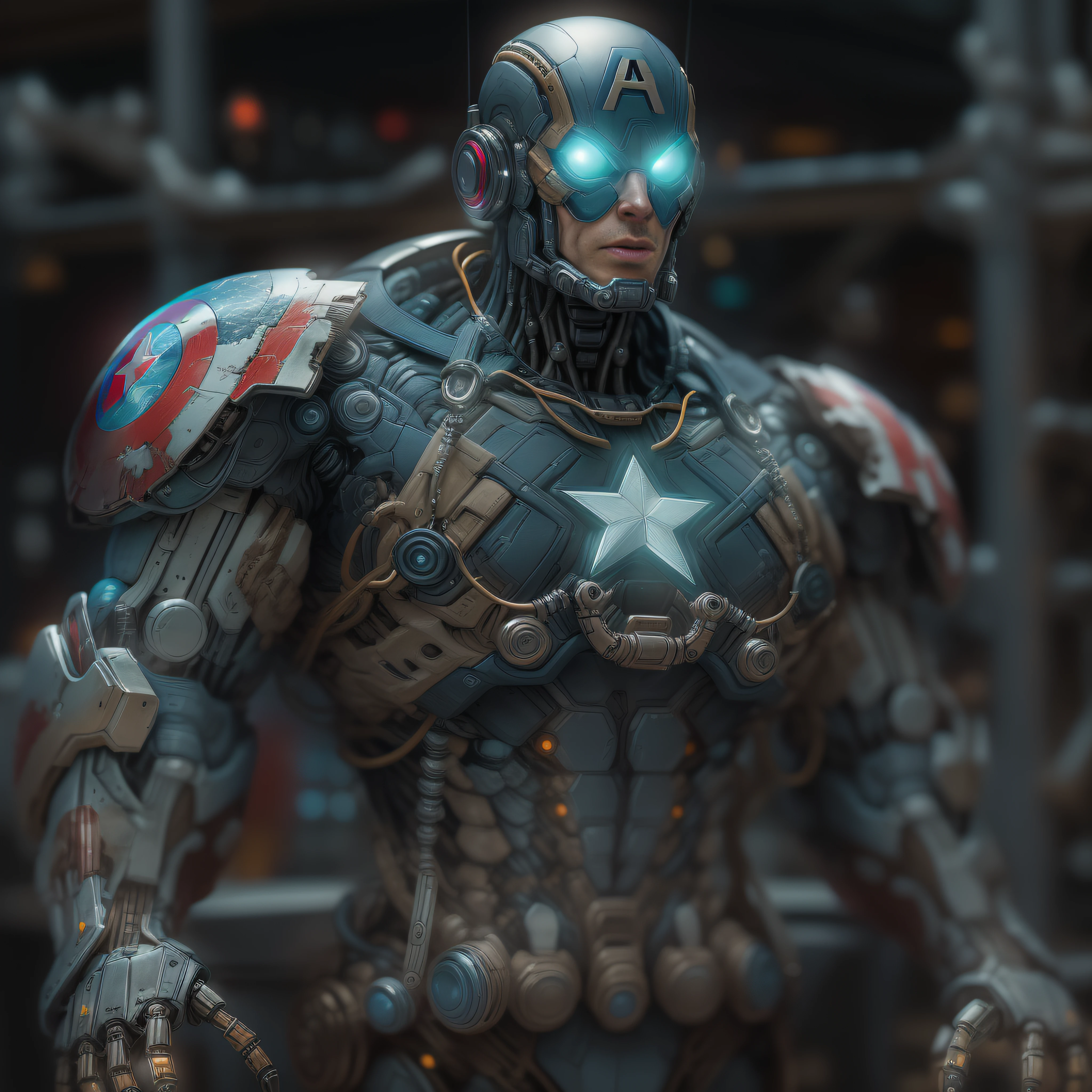 Captain America-Biodroid from Marvel photography, biomechanical, complex robot, full growth, hyper-realistic, insane small details, extremely clean lines, cyberpunk aesthetic, a masterpiece presented at Zbrush Central