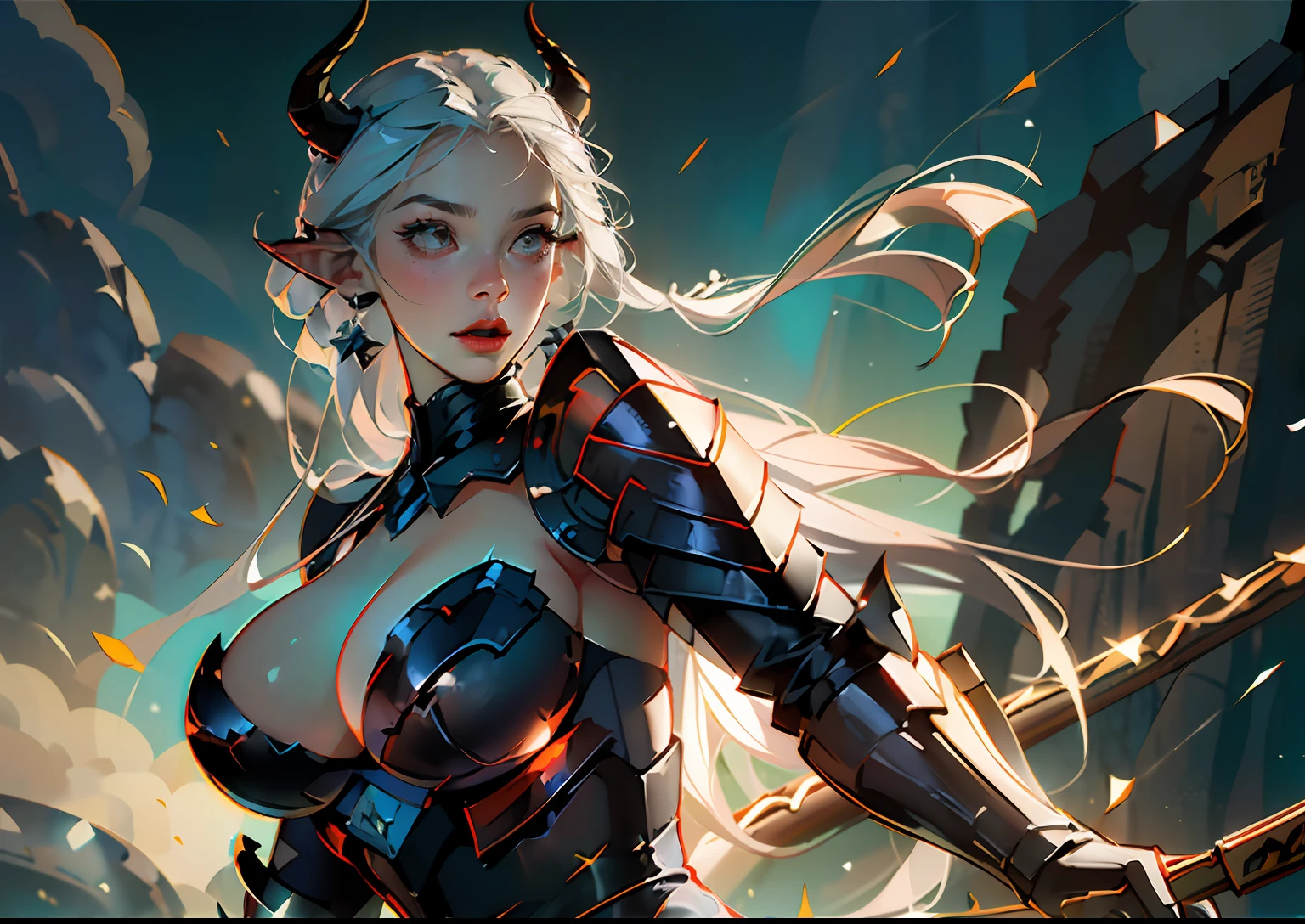 (RAW photo, Best quality, Mastery:1.2), (Realistic, photo-realistic:1.4),(Masterpiece:1.4),(Best quality:1.4),1girll, Solo, :D, huge tit,White color hair,There are dragon horns on the head,Cinematic lighting effects,Contre-Jour,natta,starrysky