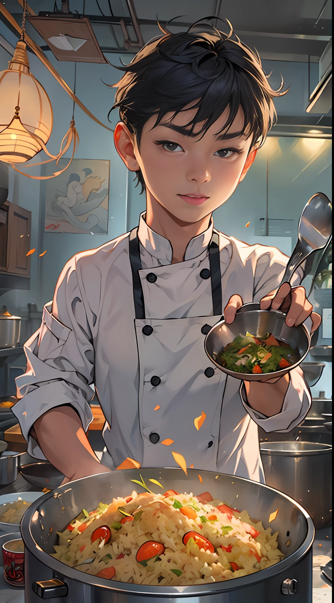 An animation shows a young chef holding an iron pot,Footage of fried rice, in the style of the stars art group xing xing, realistic yet romantic, Youth protagonist, Realistic hyper-detail, chinapunk, manticore, Comic Core