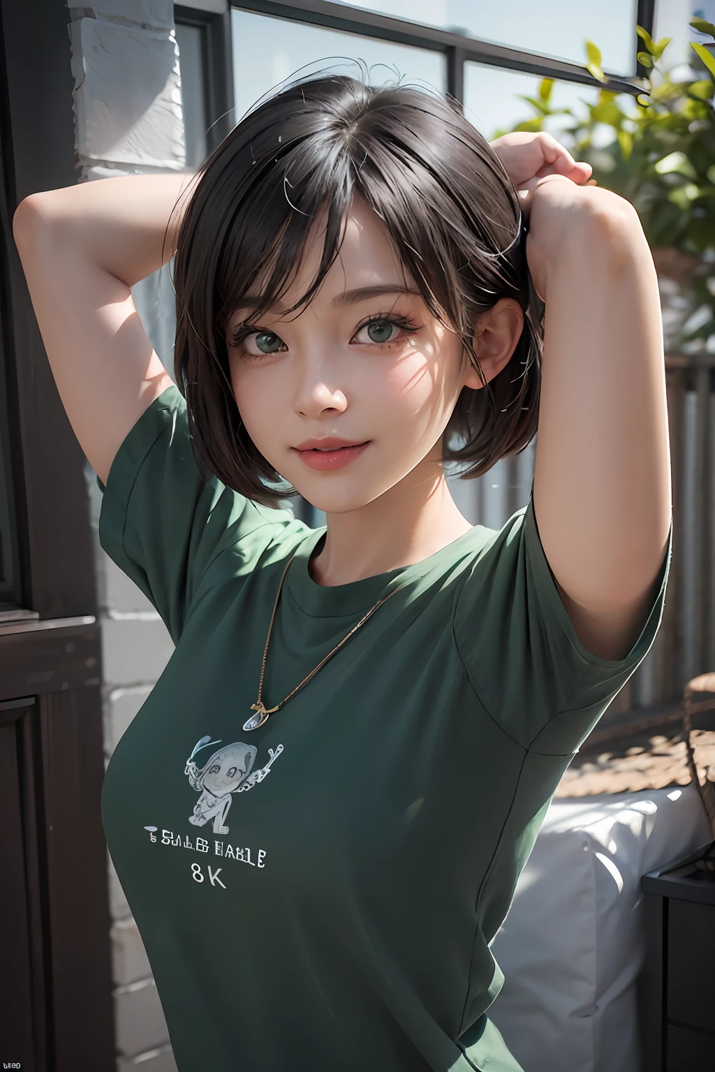 巨作, Best quality, (Realistic), (Perfect face), intricate complexity, Ultra detail, 3D art, a 3D render, 8K, Simple background, Natural light, (tchibi:1.4), 1girll, standing, Black hair, Green eyes, Casual, Smile, arms stretched wide,head portrait