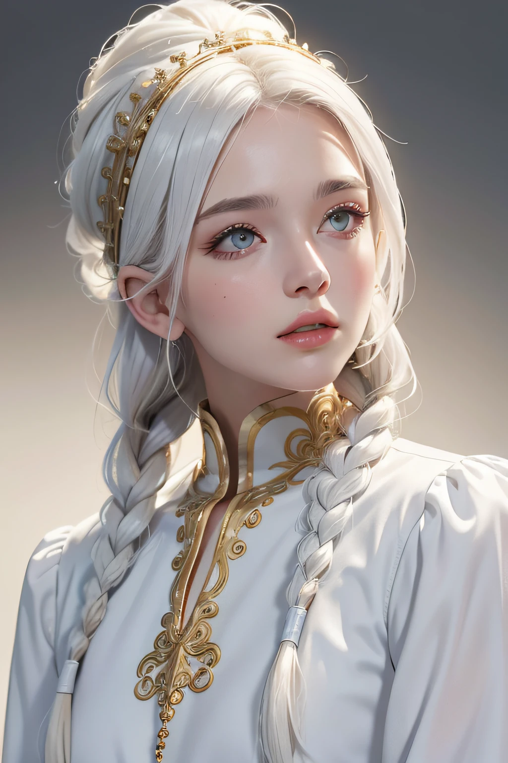 best quality, masterpiece,white hair, gold eyes,white clothes, looking up, upper body,hair strand,Fair skin,side braids