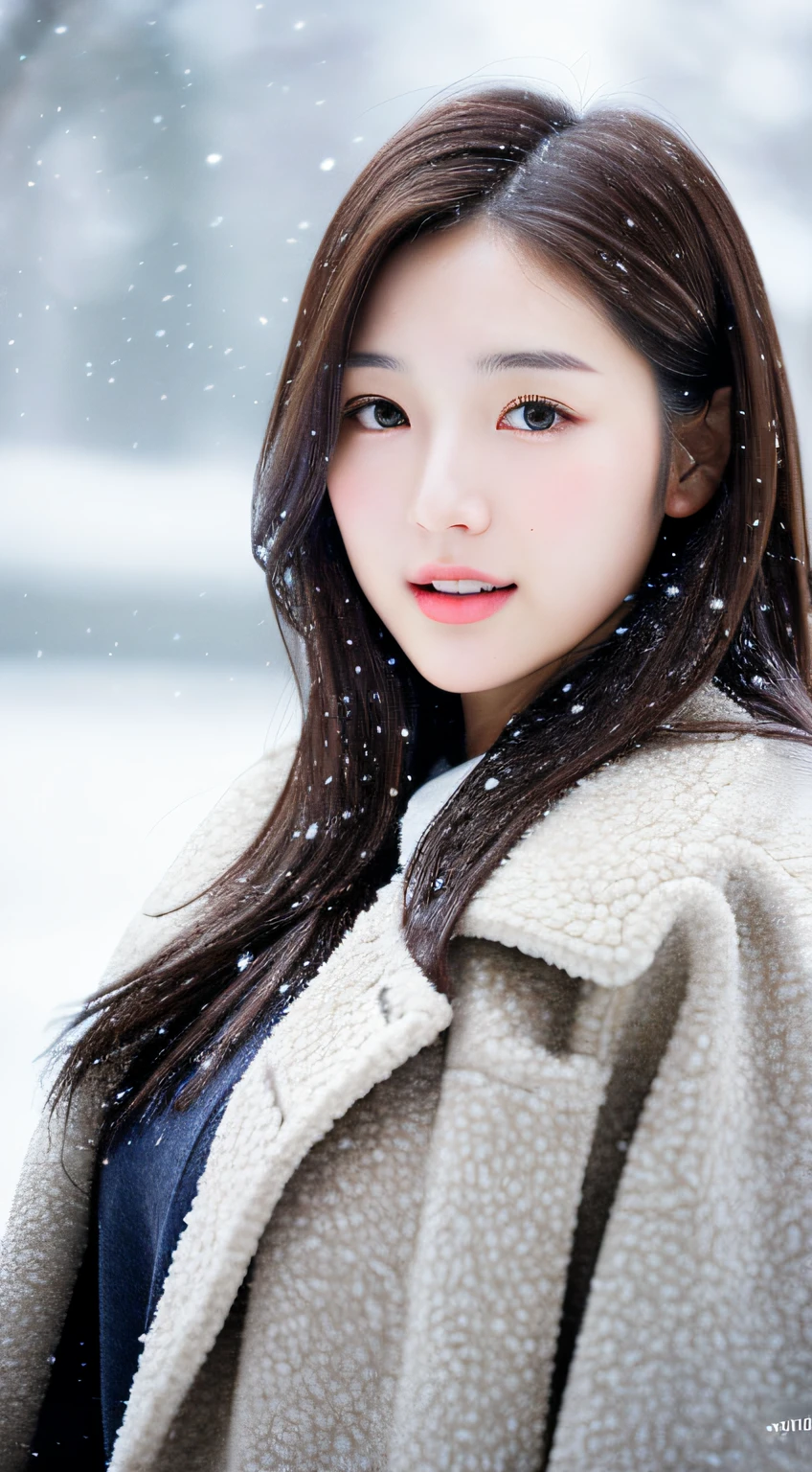 realistic photos of (1 cute Korean star) Shoulder-length hair, thin makeup, medium breasts size, wearing coat, in the snow, clear facial features, 8K high resolution, sharp and realistic details.from outside, Eye-Level Shot, f/4.0, 135mm, Fujifilm, jpeg artifacts, dithering, UHD, masterpiece