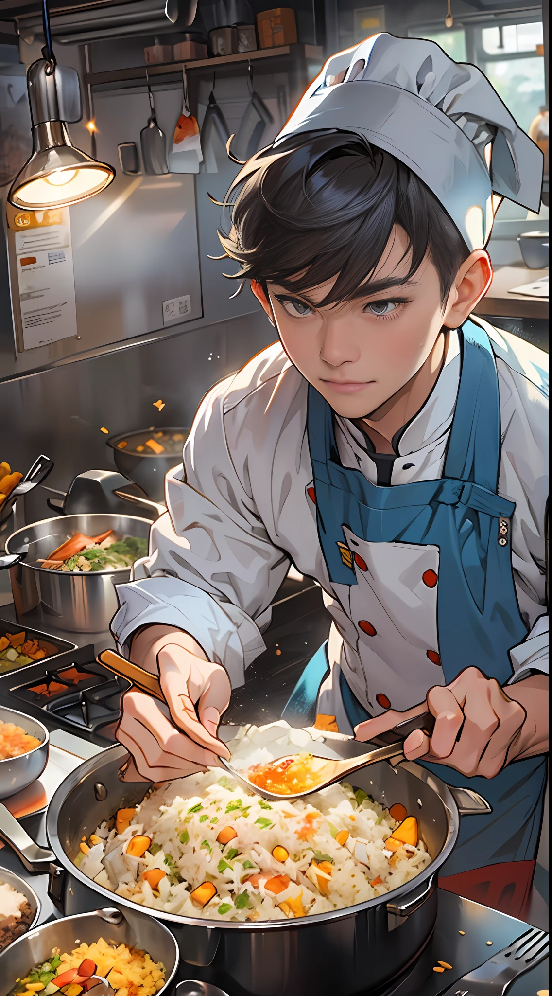 A photo of a young man in a chef's uniform fried rice，Iron pot and spatula in hand，ing(fried rice:1.2)of lenses, in the style of the stars art group xing xing, Charming character illustrations, shilin huang, manticore, grocery art, michael malm, Light blue and dark amber