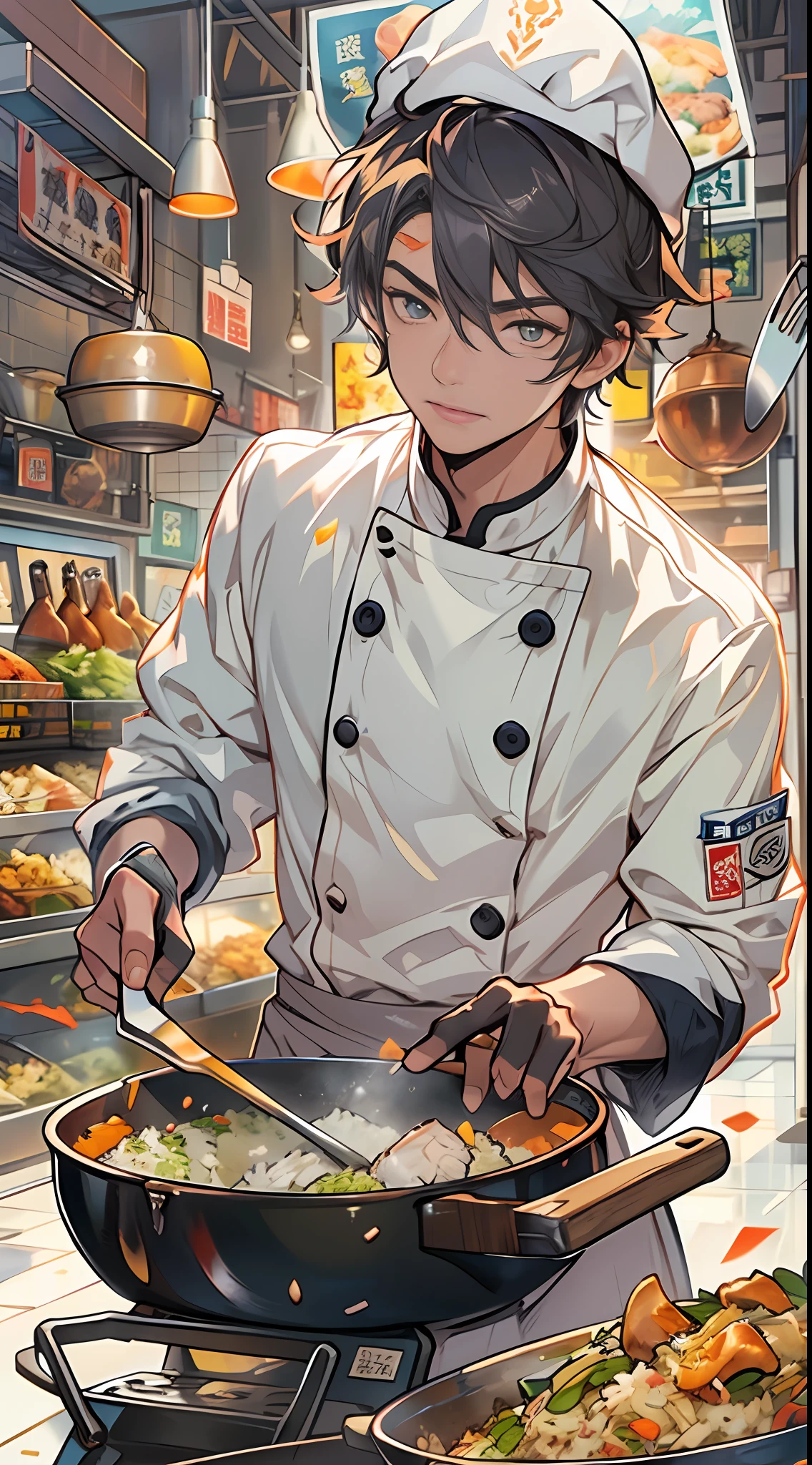 A photo of a young man in a chef's uniform fried rice,Iron pot and spatula in hand,ing(fried rice:1.2)of lenses, in the style of the stars art group xing xing, Charming character illustrations, shilin huang, manticore, grocery art, michael malm, Light blue and dark amber