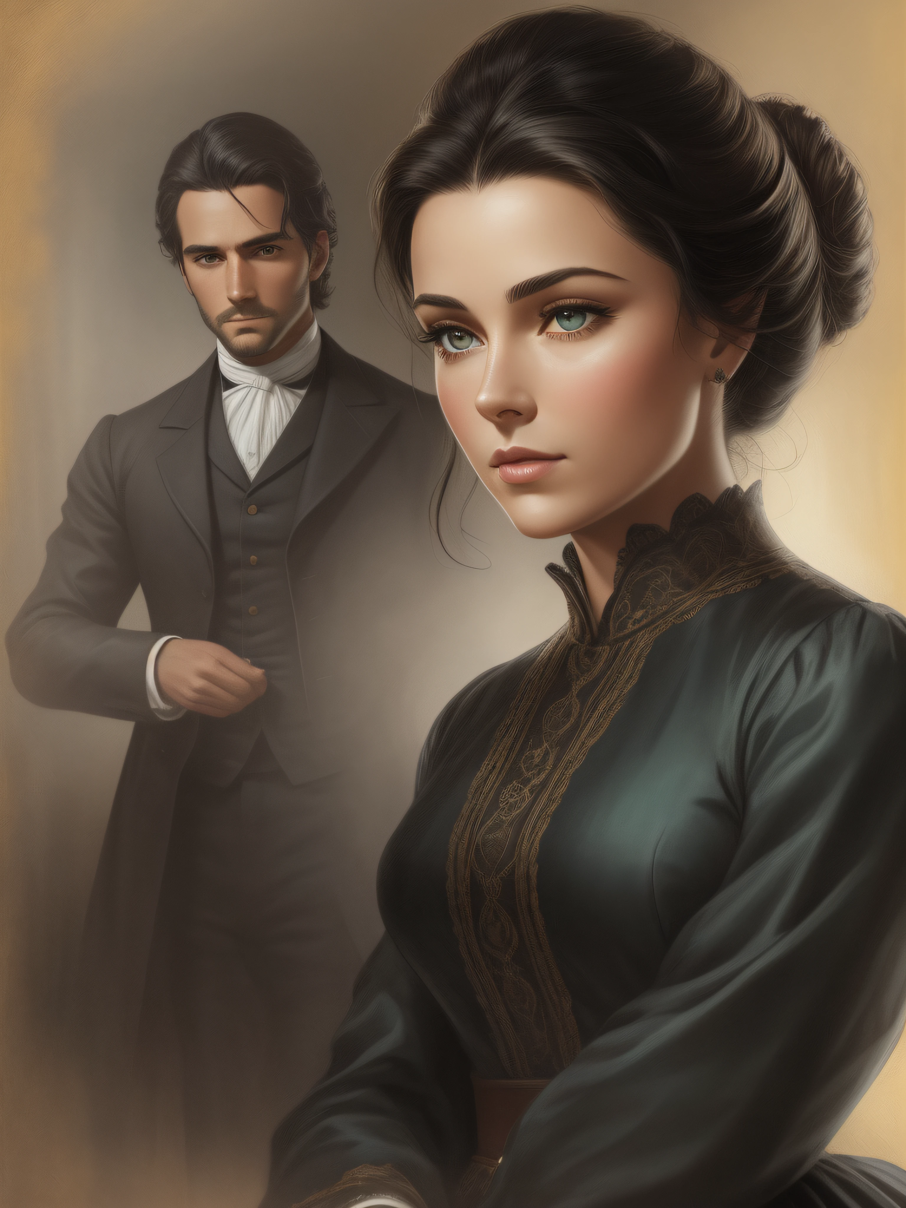 Masterpiece, best quality, RAW, analog style, A stunning portrait of a couple deeply in love in a grand English countryside mansion in the year 1850. The man is Richard, a tall, strong, and tanned handsome with short brown wavy messy hair, brown eyes, and is around 30 years old. The woman is Julianne, a delicate girl with black straight hair styled in a bun, dark green eyes, and full lips, around 19 years old, scarlett ohara perfectly detailed facial traits. Create a masterpiece realistic illustration with intricate details capturing their reciprocal love. Use clothes appropriate for the time period, and ensure the artwork is highly detailed. Please pay close attention to the details, such as the highlights and shadows on face and hair, to create a lifelike and realistic image. Experiment with different lighting techniques to enhance the mood and atmosphere of the portrait. The final product should be a masterpiece that captures the essence and beauty of the couple, ((highly detailed skin, skin details)), sharp focus, volumetric fog, 8k UHD, DSLR, high quality, film grain, Fujifilm XT3.