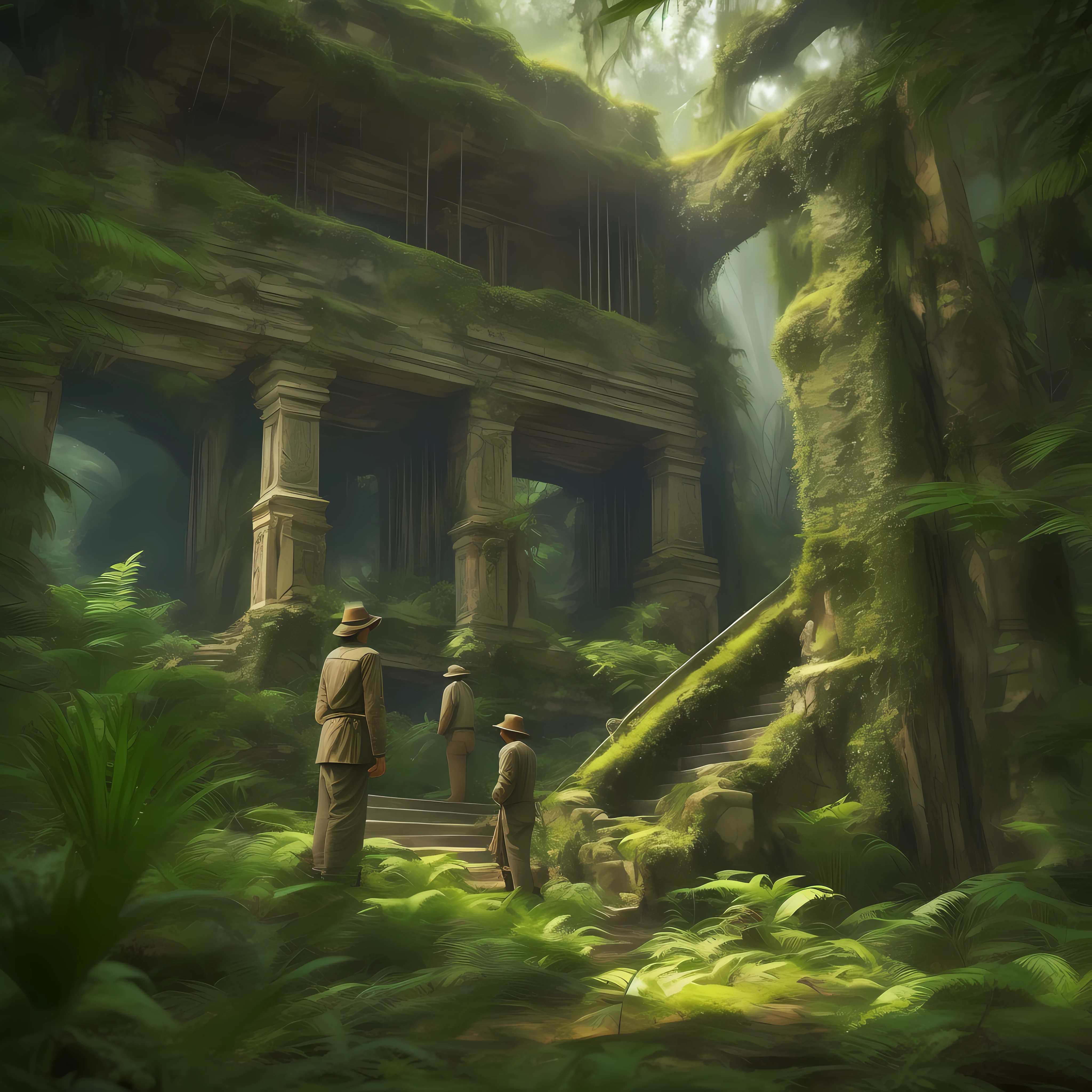 A group of explorers stands in awe amidst the dense foliage of an ancient jungle. In front of them lie the overgrown ruins of a long-lost civilization. Moss-covered stone temples, towering pyramids, and crumbling statues of forgotten deities reveal the secrets of a bygone era. Mysterious, atmospheric, overgrown, ancient, adventurous, vibrant, dappled sunlight, lush vegetation, hidden treasures, wildlife encounters, weathered stone, enchanting, exploration. Henri Rousseau's jungle landscapes, Indiana Jones film series, H. R. Giger's surreal environments, Art Nouveau motifs, and Alphonse Mucha's intricate detailing. 4K UHD image, cinematic view, Unreal Engine 5 rendering, volumetric lighting, vivid colors, sharp focus on the central ruins, depth-of-field effect to create a sense of depth and mystery.