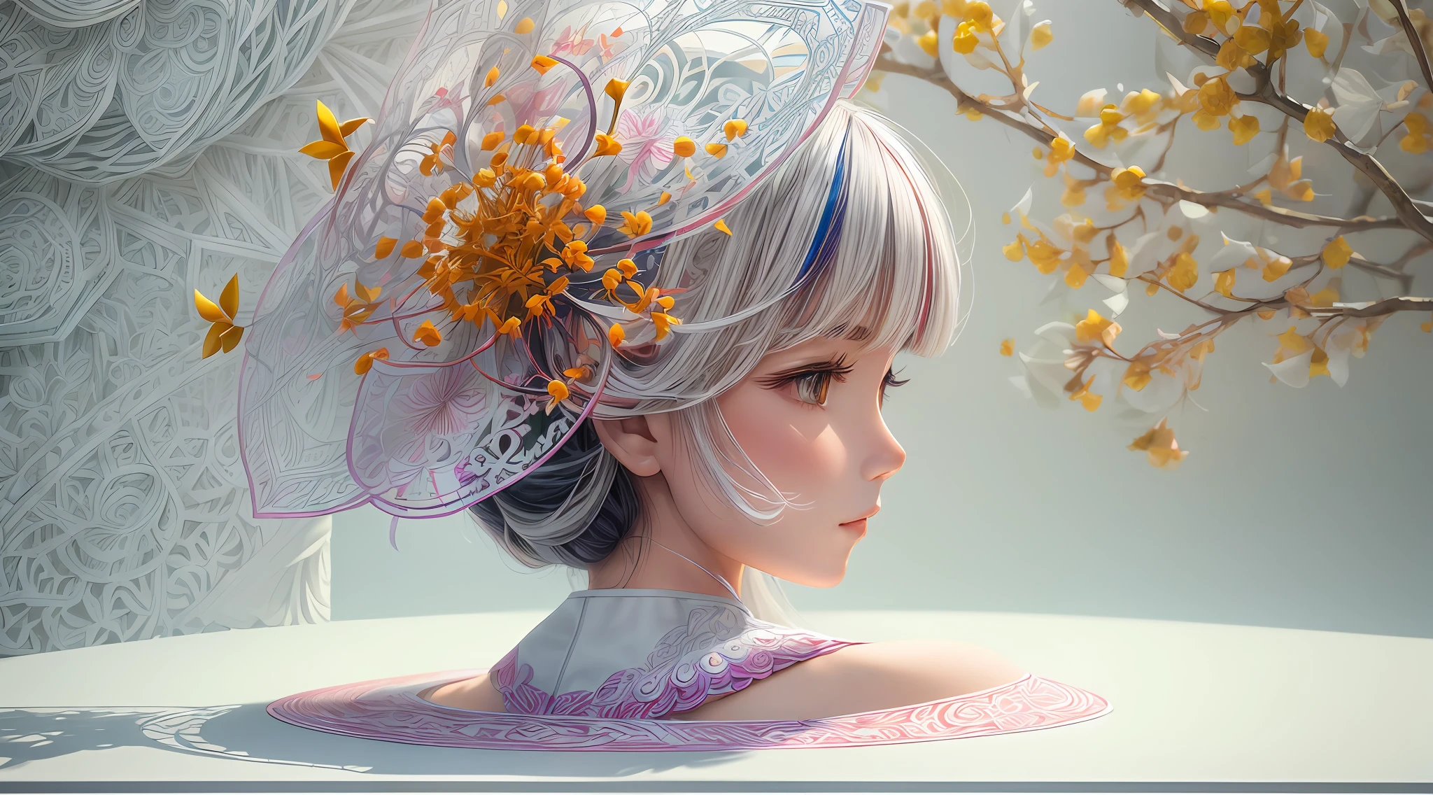 （symetry:1.5)，（Side line of beauty:1.3)，(Colorful osmanthus flowers:1.2)，White background，paper art，a 3D render，extremely detaile, in Autumn， (zentangle:1.2), (geomerty:1.2)，Cinematic lighting effects，4K，Masterpiece，