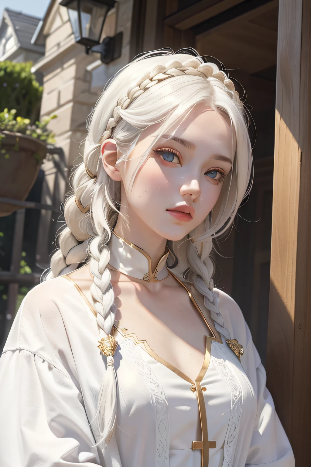 best quality, masterpiece,white hair, gold eyes,white clothes, looking up, upper body,hair strand,Fair skin,side braids