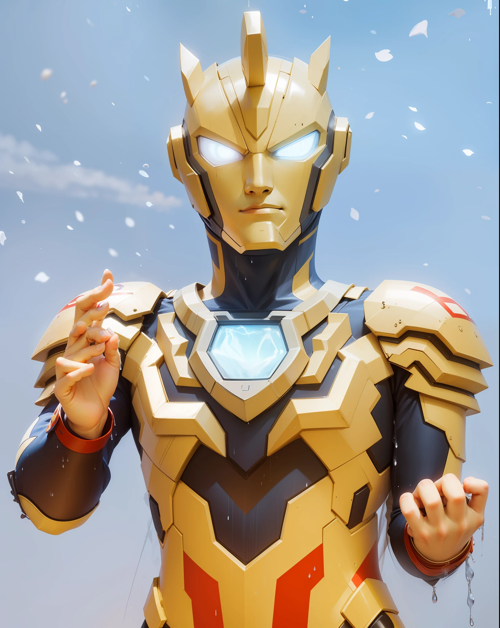 Ultraman Best Image Quality， tmasterpiece， 超高分辨率， （Fidelity：1.4）， photore， 1 rapariga，[（grieves）]，white  shirt， Dimly lit， darkly， be desperate， pitying， cute little， cinematic ligh， Tears， tear drop， （torn laundry：1.5）， （wetclothes：1.4）， exposed bare shoulders， Real rain， Wet hair,..Ultraman mask does not leak the face and does not leak the neck