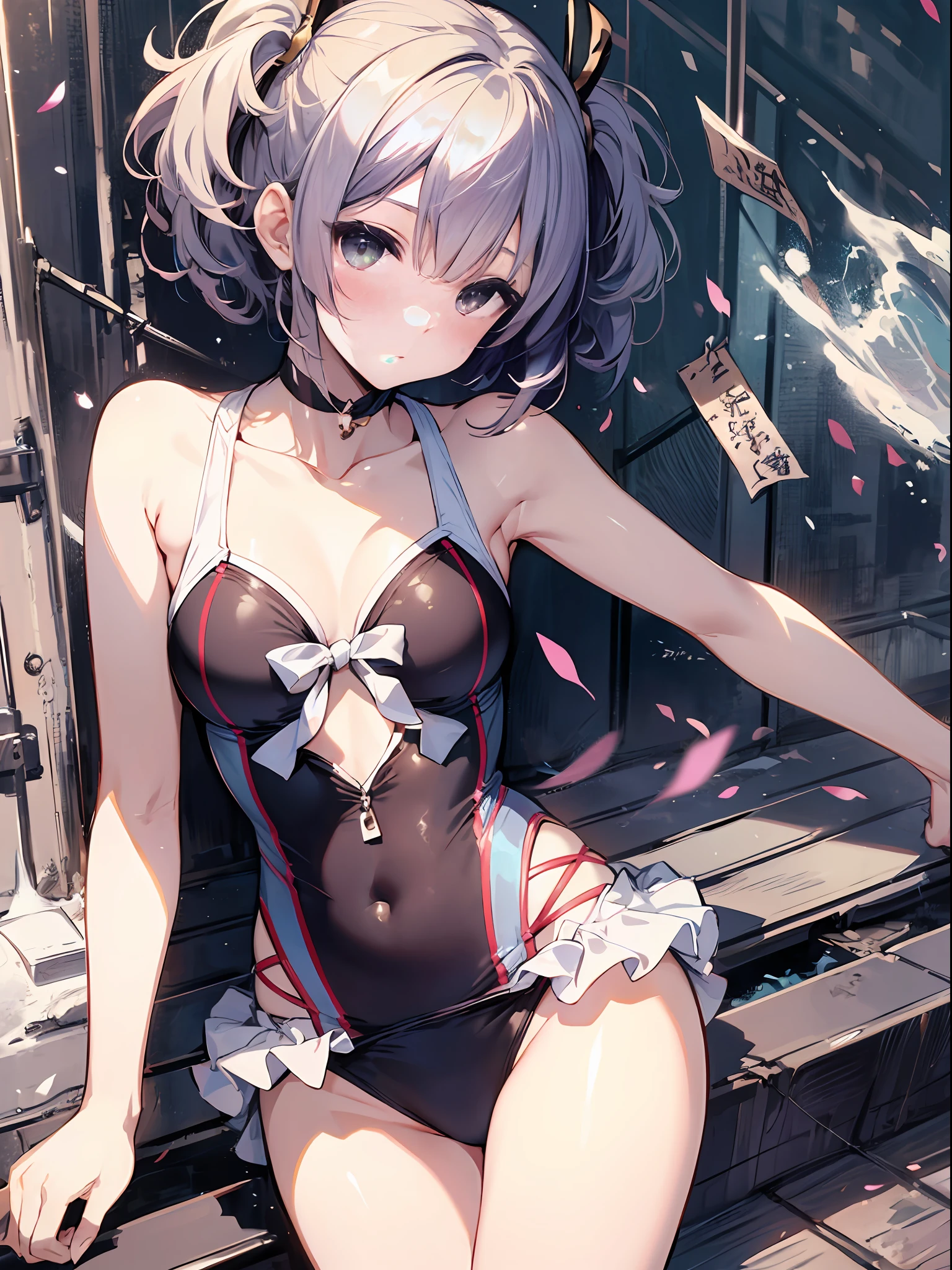 high-level image quality、top-quality、Detailed drawing、Does not blush cheeks、Slender beauty、Adults、{Kabaneri}、Sailorsk swimsuit、knee high、Niso、Small eyes、Smaller chest、Jump cheerfully、Contrasty、Very short hair