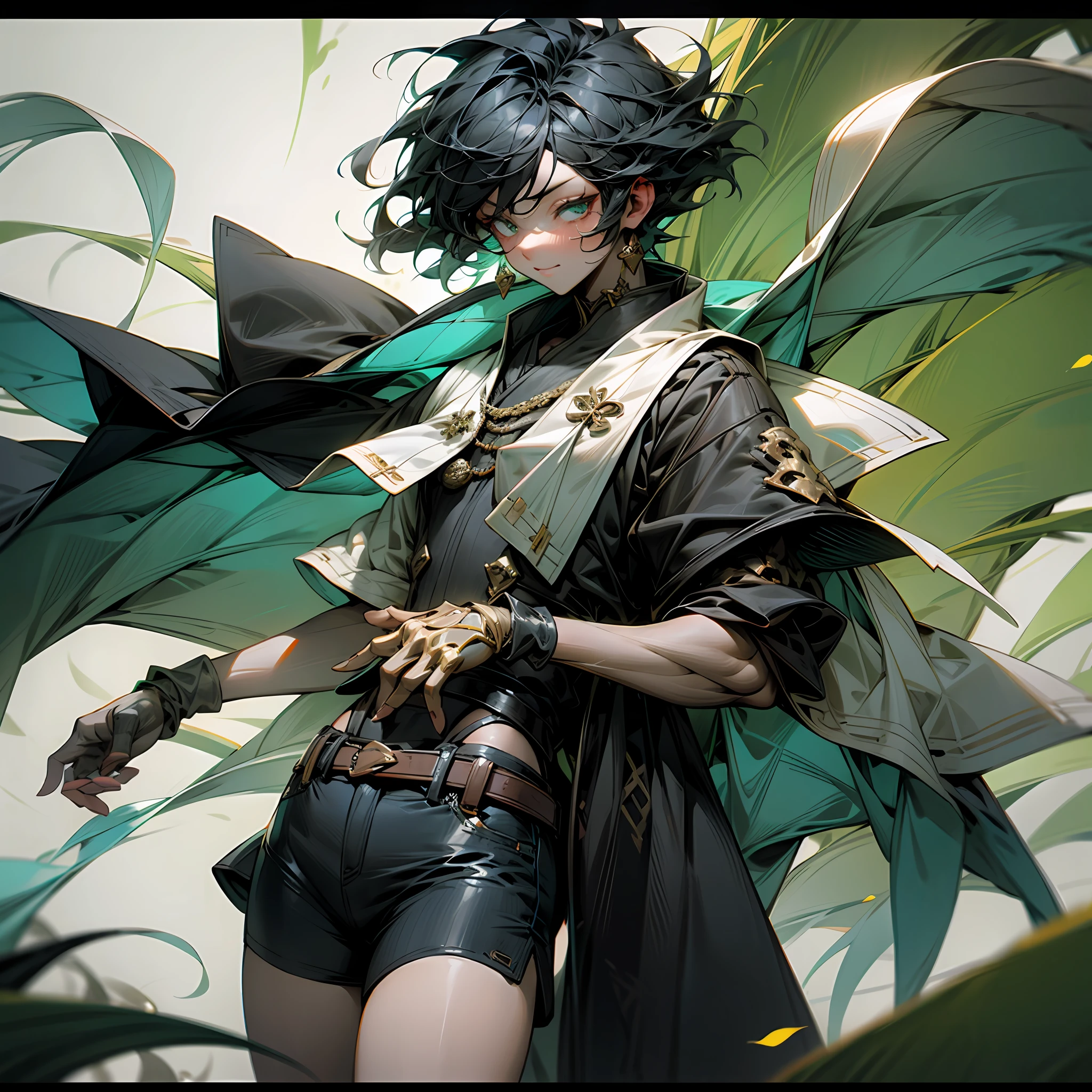 best qualtiy,tmasterpiece,超高分辨率,(真实感:1.4),RAW photogr,1boy,White color blouse,Suit shorts,Roll up the sleeves to reveal the forearms,Turquoise grasslands,Glowing skin,self-assured,with short black hair --auto