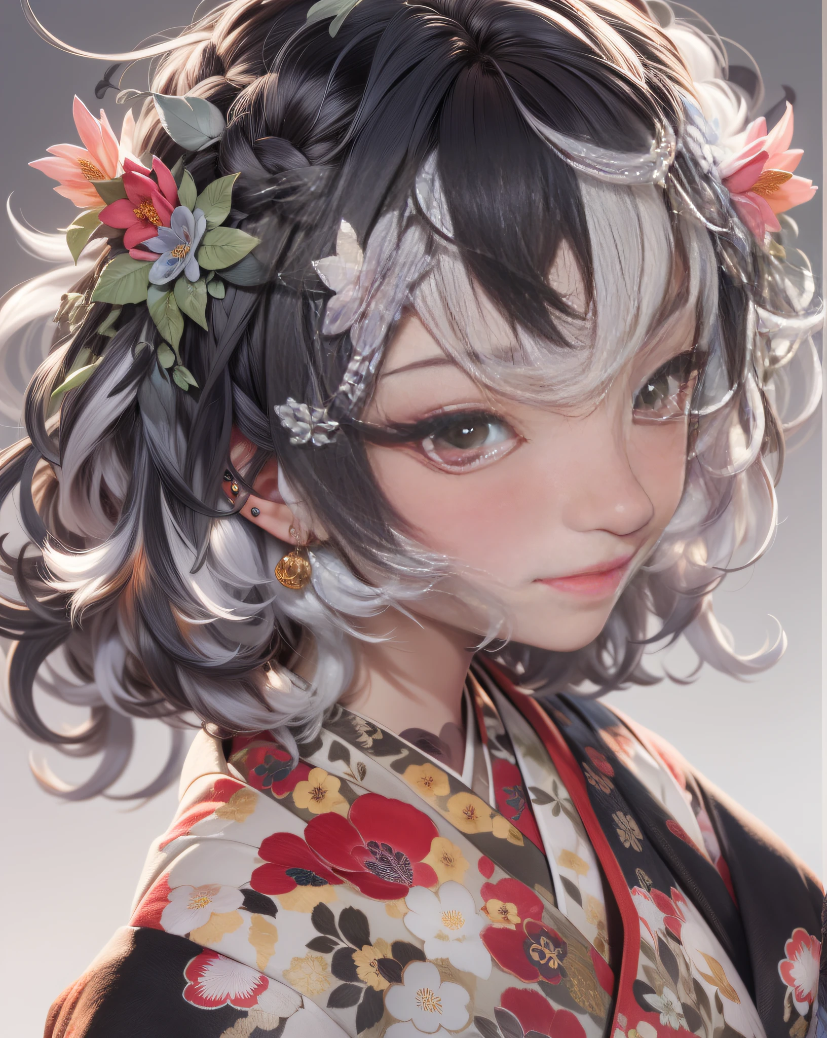独奏、One、The wind is blowing、from behind,	Back to backward、Looking back、Floral pattern turning around、Komono、Wafuku、Kimono、The upper part of the body、A smile、a closed mouth、short-haired、top-quality, femal、独奏, white  hair, A dark-haired, piercings, two tone hair,  Parted lips, Black eye, s lips, gotik, Mole, naturey、hair clips、Petals spread gracefully、Fine details are meticulously expressed、Delicate pattern