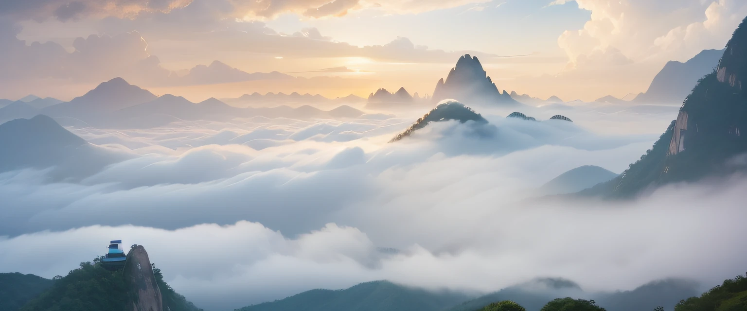 Huangshan, Anhui,There is a cozy pine tree on the top of the hill,There are distant mountains,There is a sea of clouds,volume clouds,Endless clouds,Welcome pine,Realistic landscape, epic landscapes