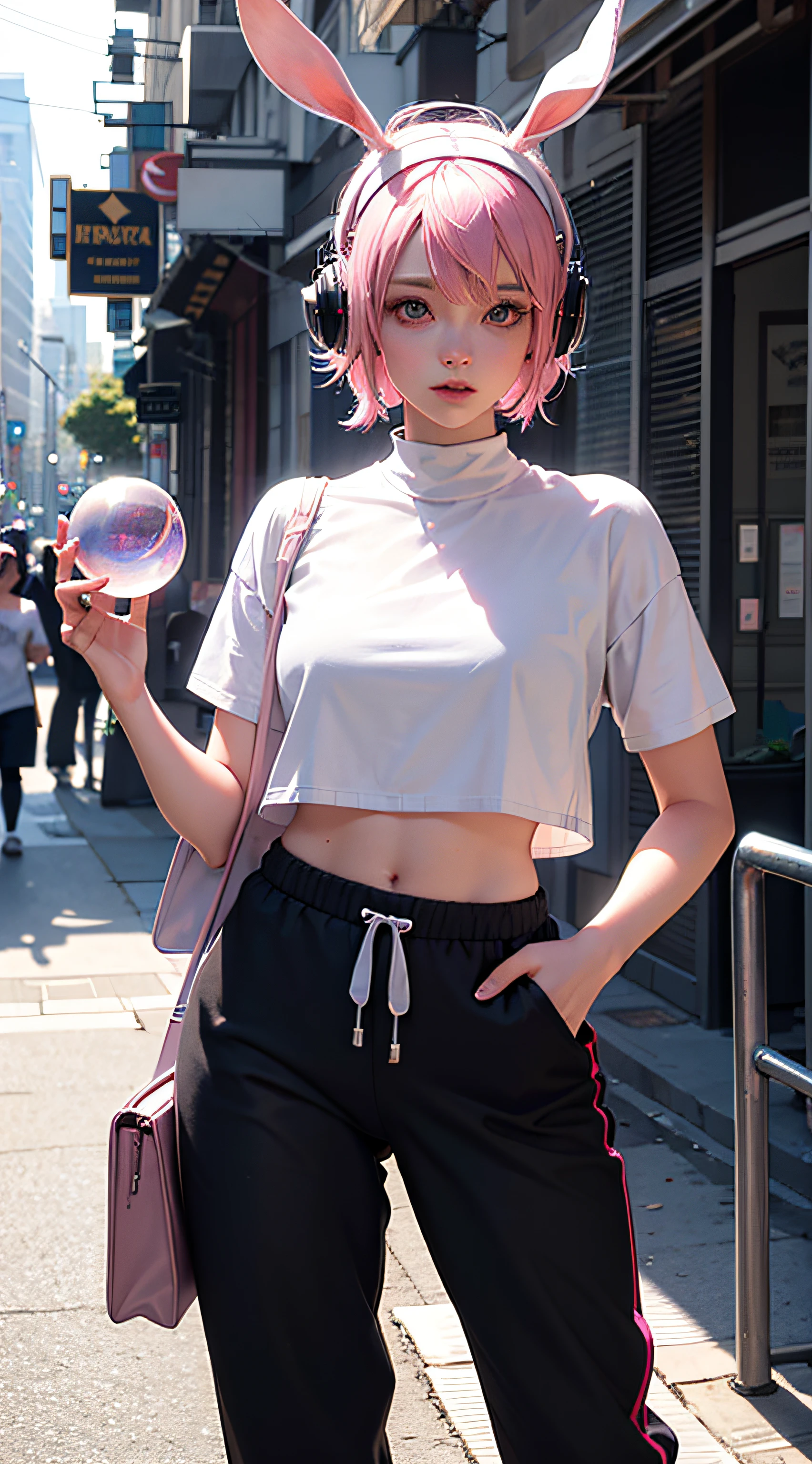 Wear rabbit-eared headphones,Hold a transparent crystal ball,Dark sweatpants,whitet-shirt,,Beauty with short pink hair,,streets background,tmasterpiece,Delicate facial features,Good body