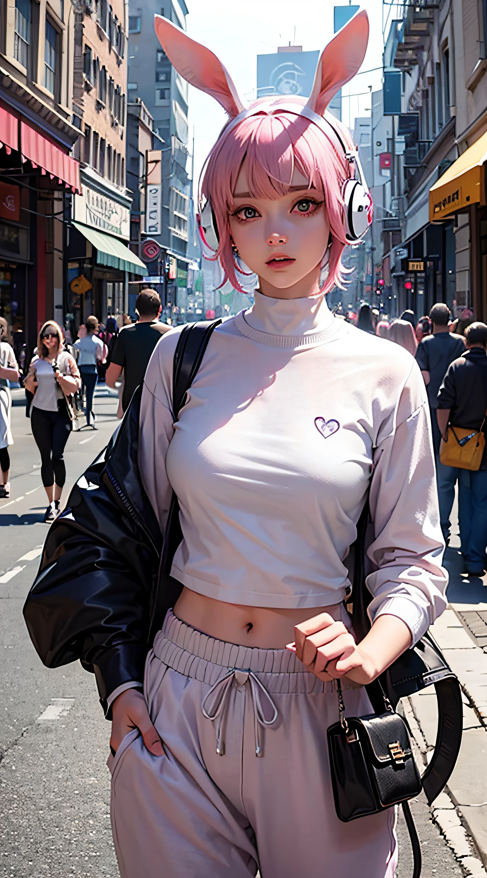 Wear rabbit-eared headphones，Hold a transparent crystal ball，Dark sweatpants，whitet-shirt，，Beautiful woman with short pink hair，，streets background，tmasterpiece，Delicate facial features，perfect bodies