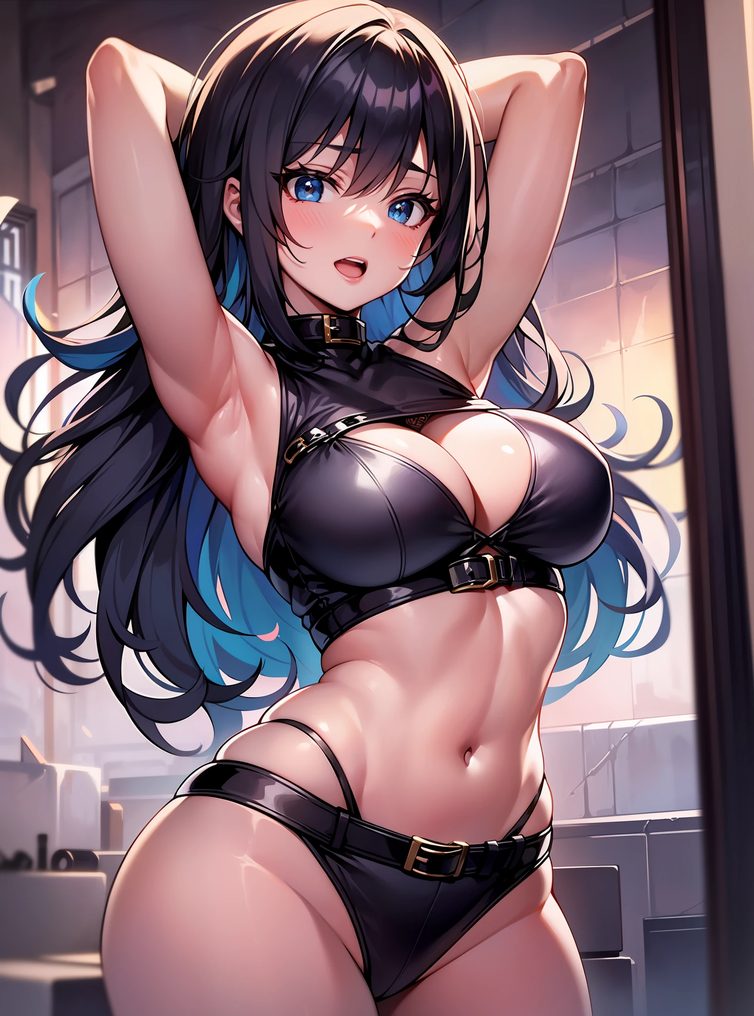 Cowboy shot, Solo, 1girll, Human View Viewer, arms behind  head, Thermal limiting,underboob，Original role，Volumetriclighting，Best shadow，shallowdepthoffield，Delicate, beautiful attractive face，Hefty Smile，open open mouth，Thick lashes, Crop topping, Slim waist, Fasten with a buckled belt,Outdoor units （HighestQuali，astonishing detail：1.25），（独奏：1.3），Brilliant and colorful paintings，Anime