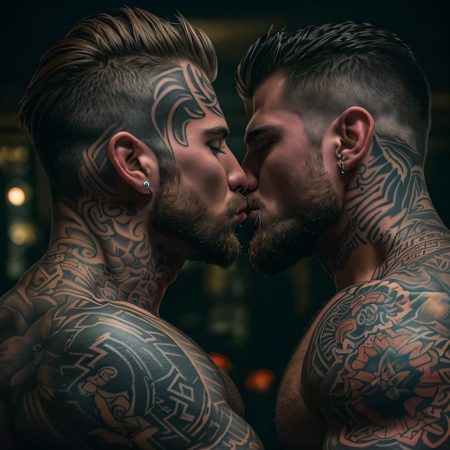 (two deeply passionate, tattooed bodybuilder men kissing intensely in a dark and moody atmosphere) seen from a low angle